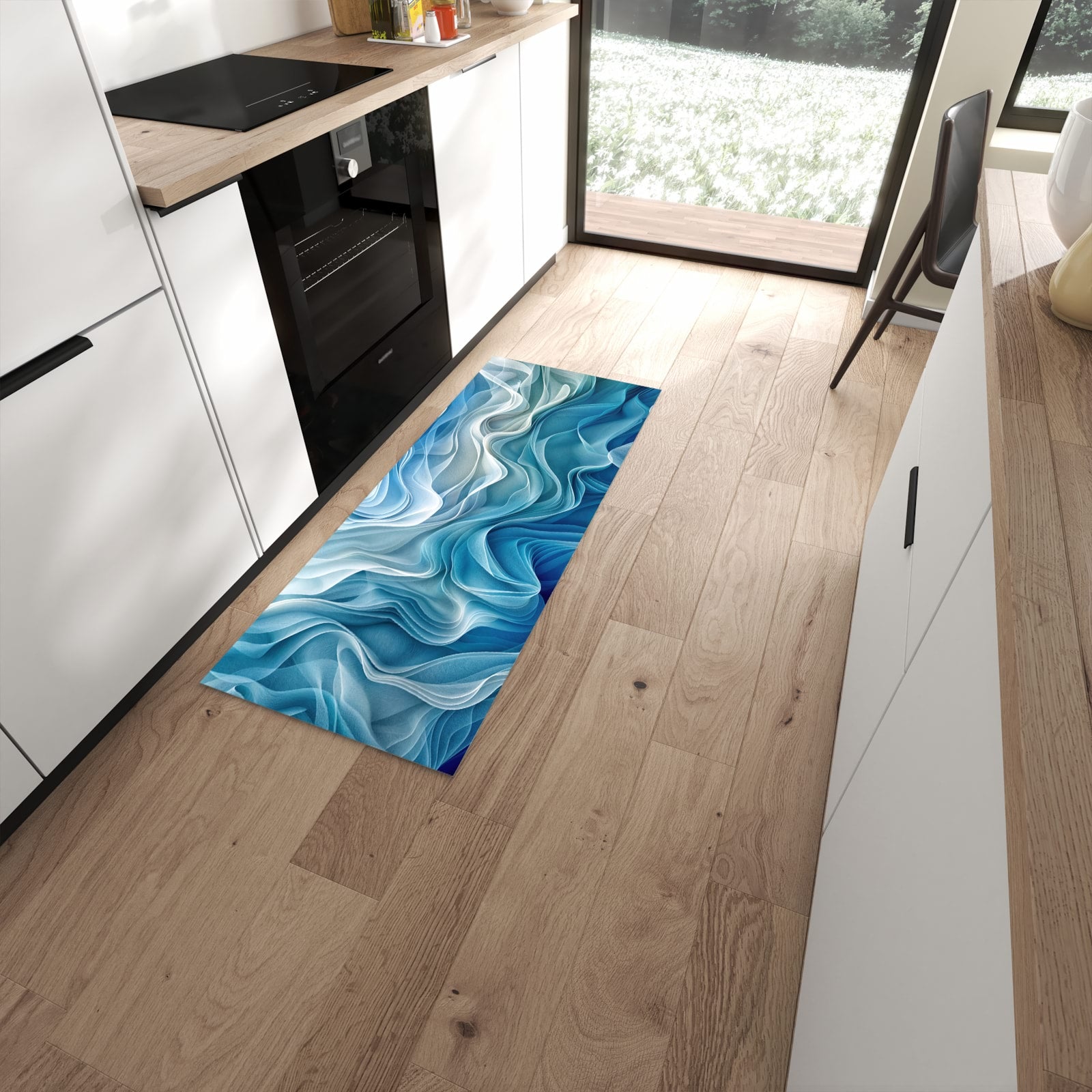 Waschbarer Küchenläufer mit Motiv Wellenfließend in moderner Küche #grösse_60 x 150 cm