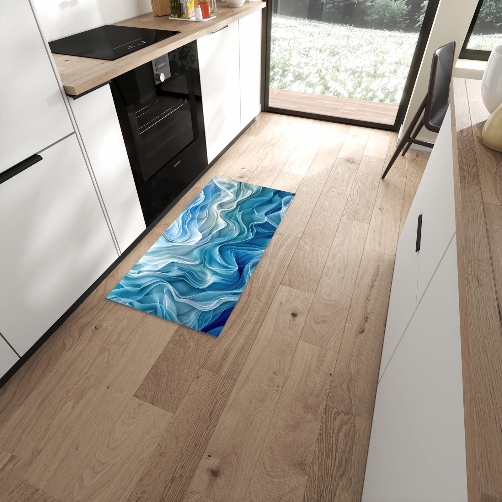 Strapazierfähiger Küchenläufer mit Motiv Wellenfließend in moderner Küche #grösse_60 x 120 cm