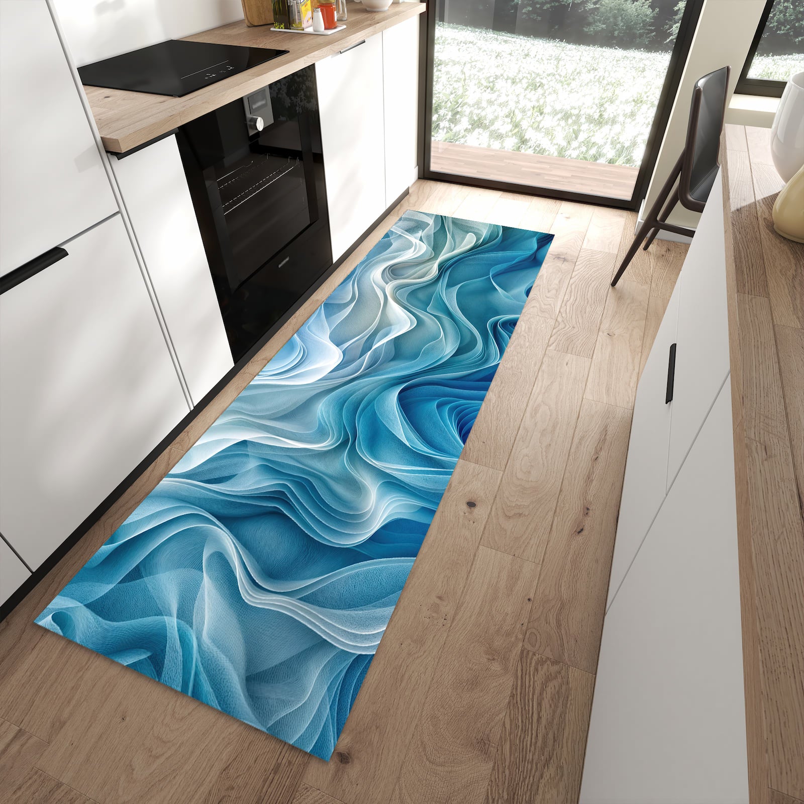 Farbbeständiger dünner Teppich mit Motiv Wellenfließend in moderner Küche