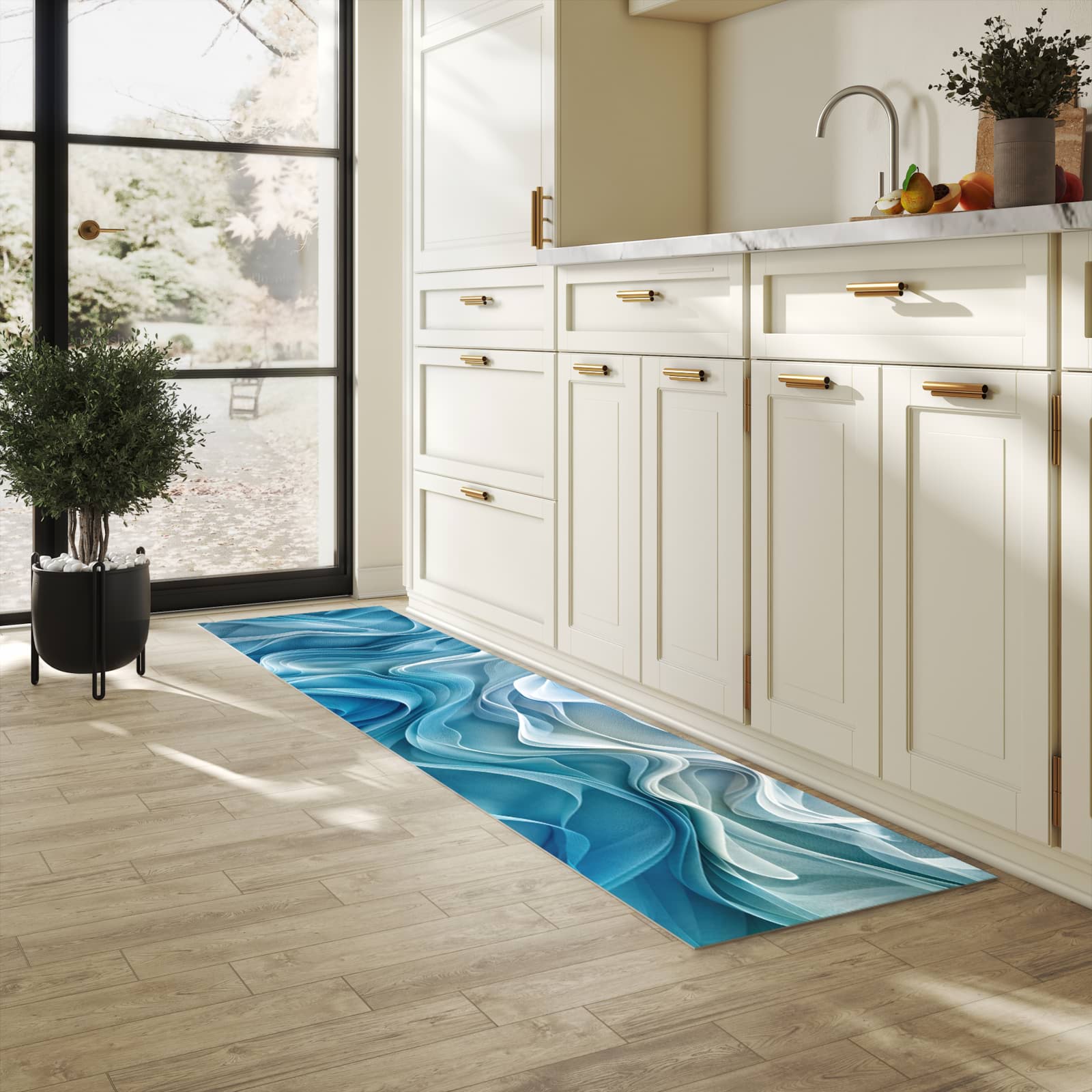 UV-beständiger Küchenteppich mit Motiv Wellenfließend in heller Küche