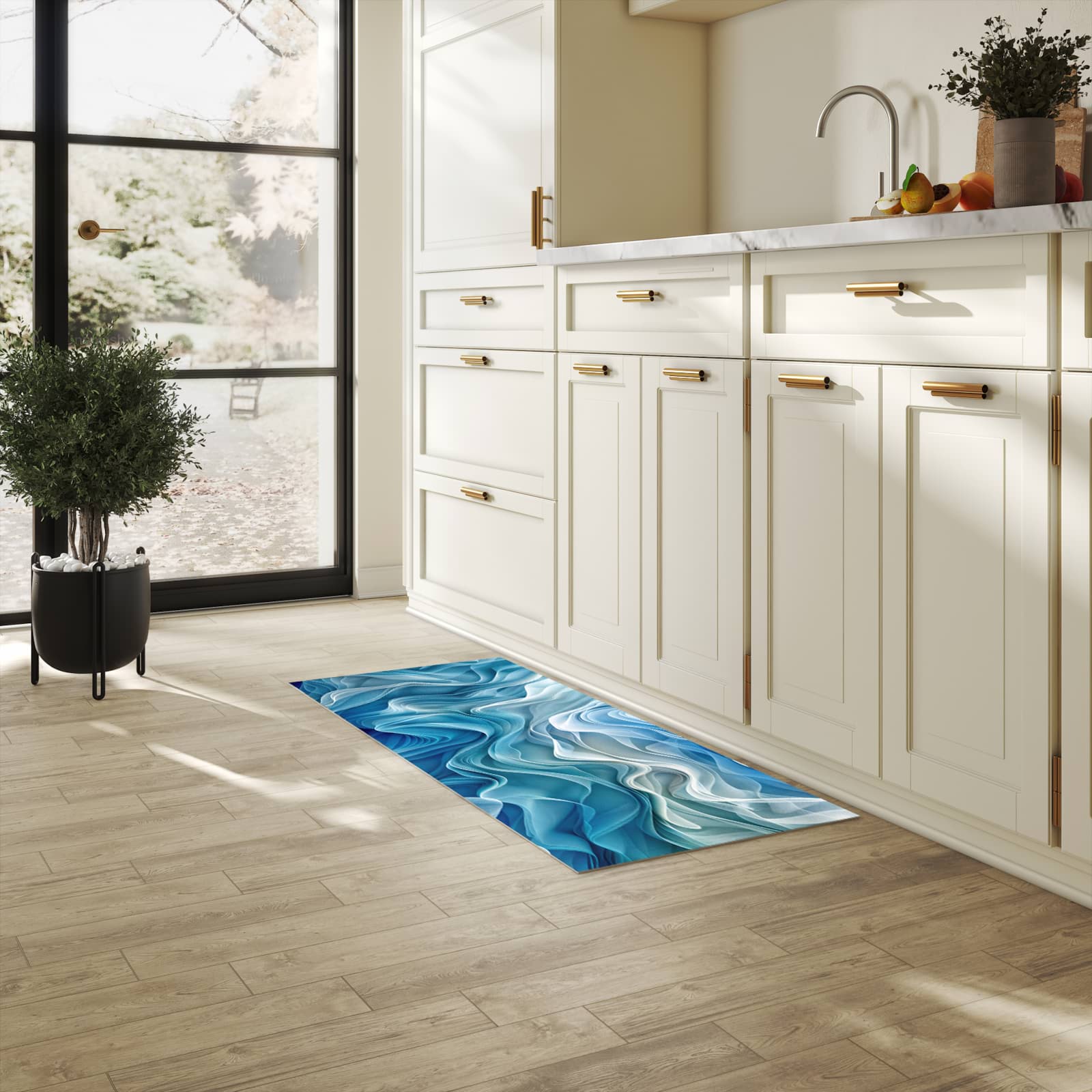 Zeitsparender Küchenteppich mit Motiv Wellenfließend in heller Küche - leicht waschbar