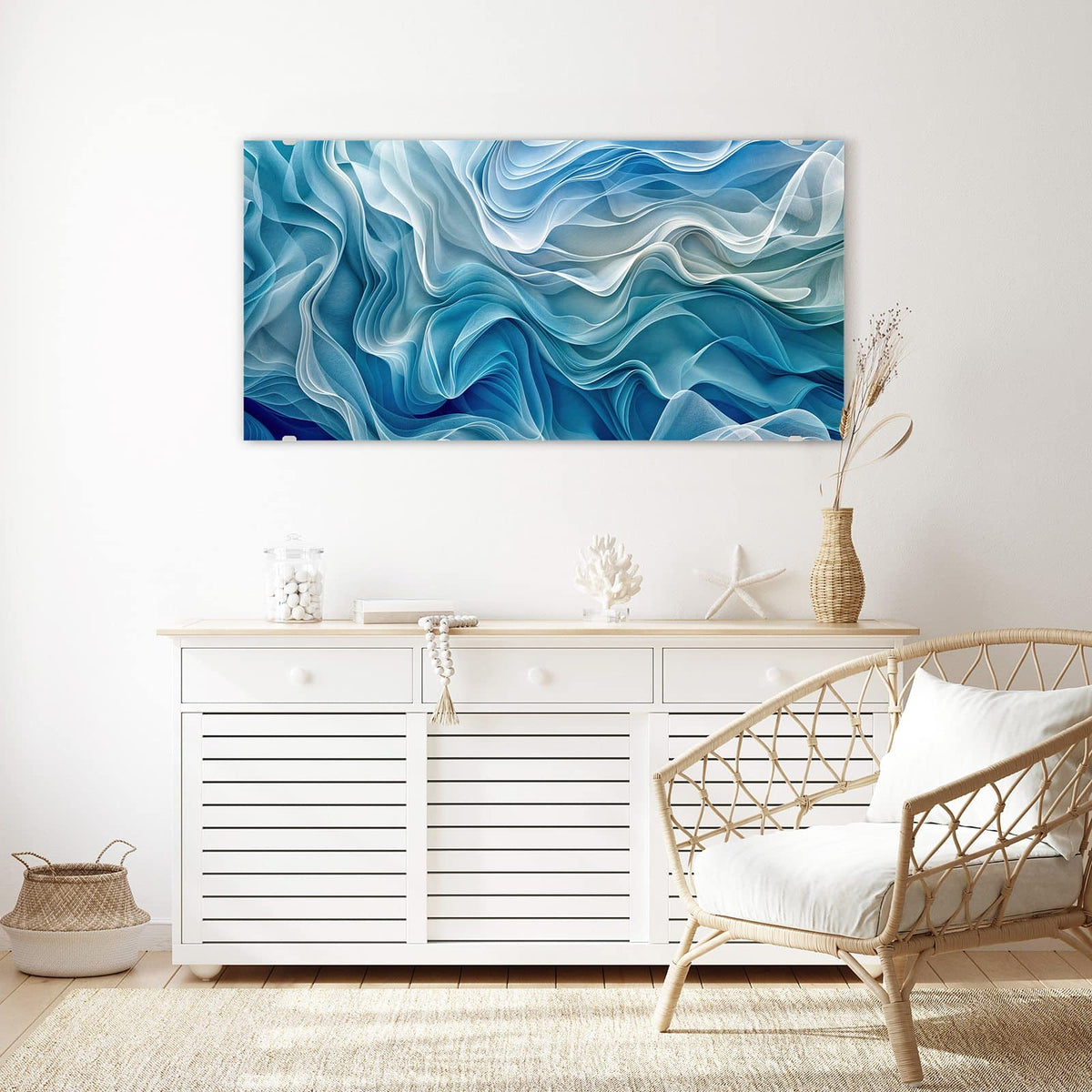 Echtglas, 4 mm – kein Acryl, keine Folie – Wandbild - Wellen in Blau - Querformat