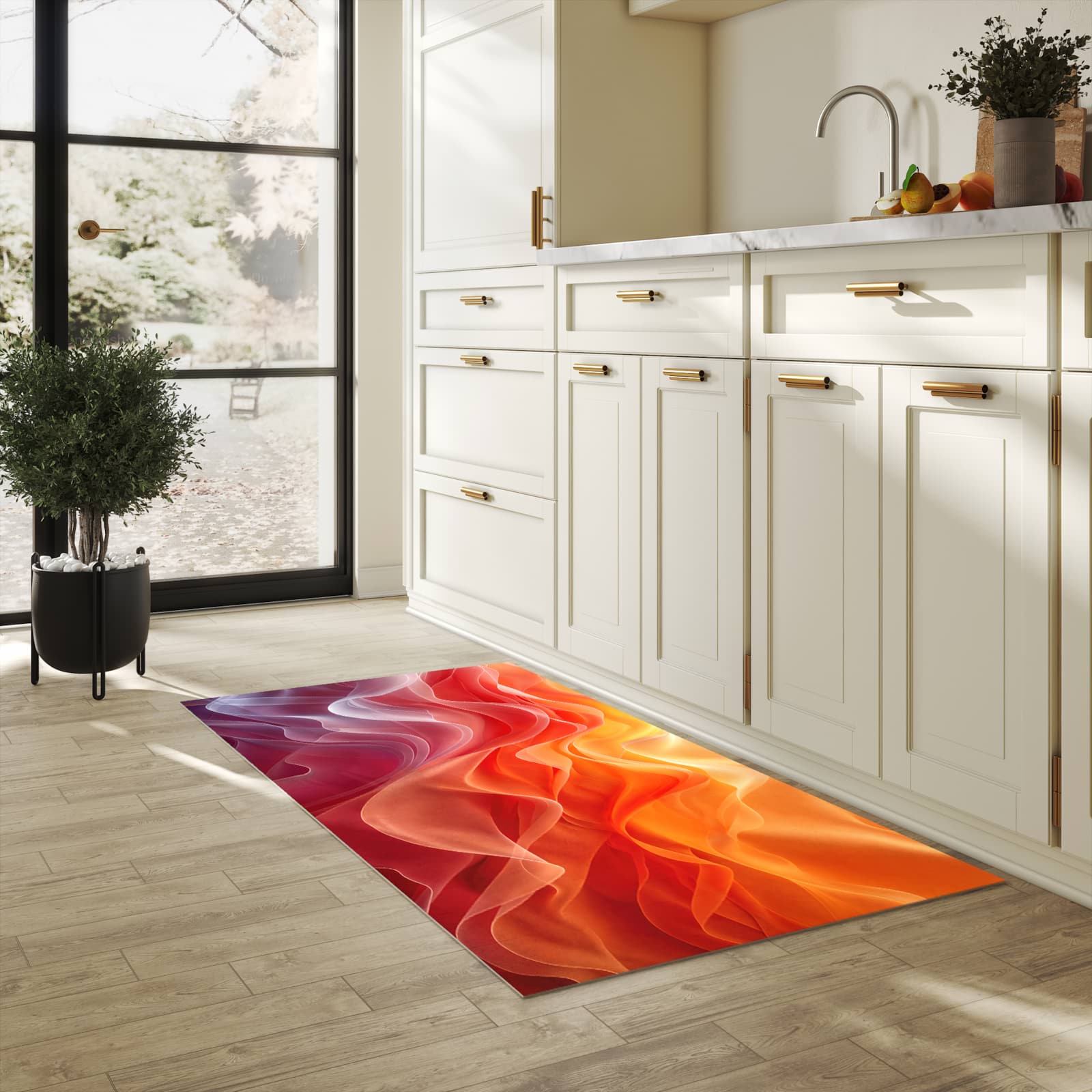 Farbbeständiger Küchenteppich mit Motiv Sanfte Farbwirbel in heller Küche