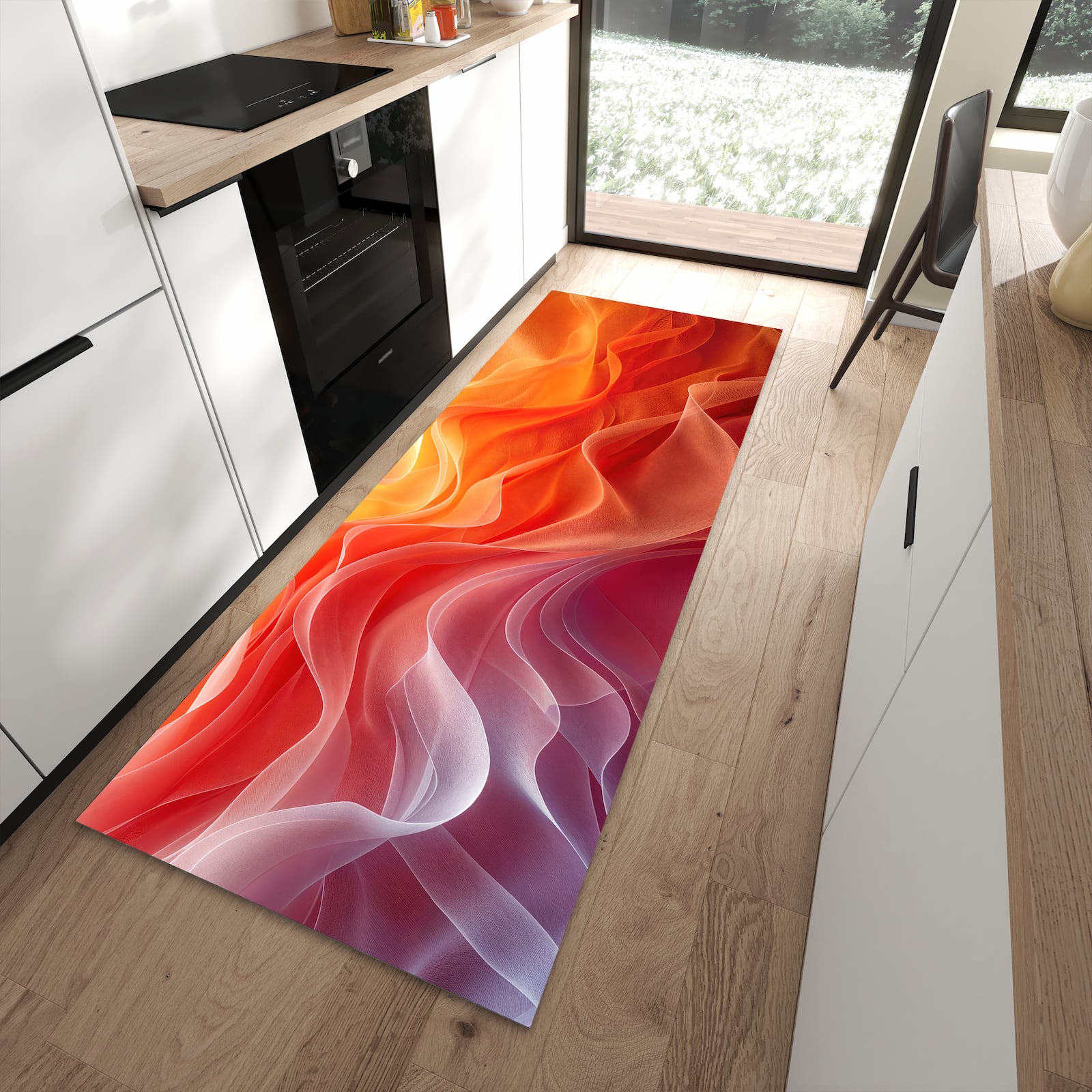 Hygienischer Küchenteppich mit Motiv Sanfte Farbwirbel in moderner Küche - waschbar