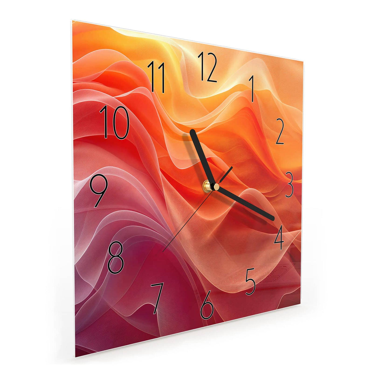 Quadratische Wanduhr aus Glas Orange Seidenfalten schräg von der Seite, 4 mm starkes Glas