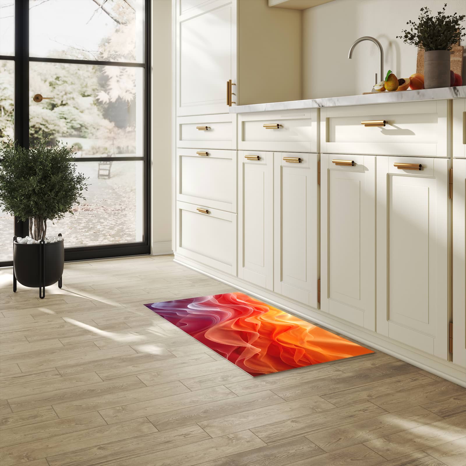 Pflegeleichter Läufer mit Motiv Sanfte Farbwirbel in heller Küche für einfache Reinigung