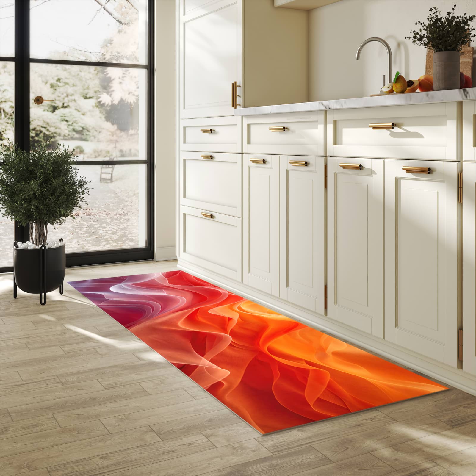 Bodenschonender Bodenläufer-Teppich mit Motiv Sanfte Farbwirbel in heller Küche