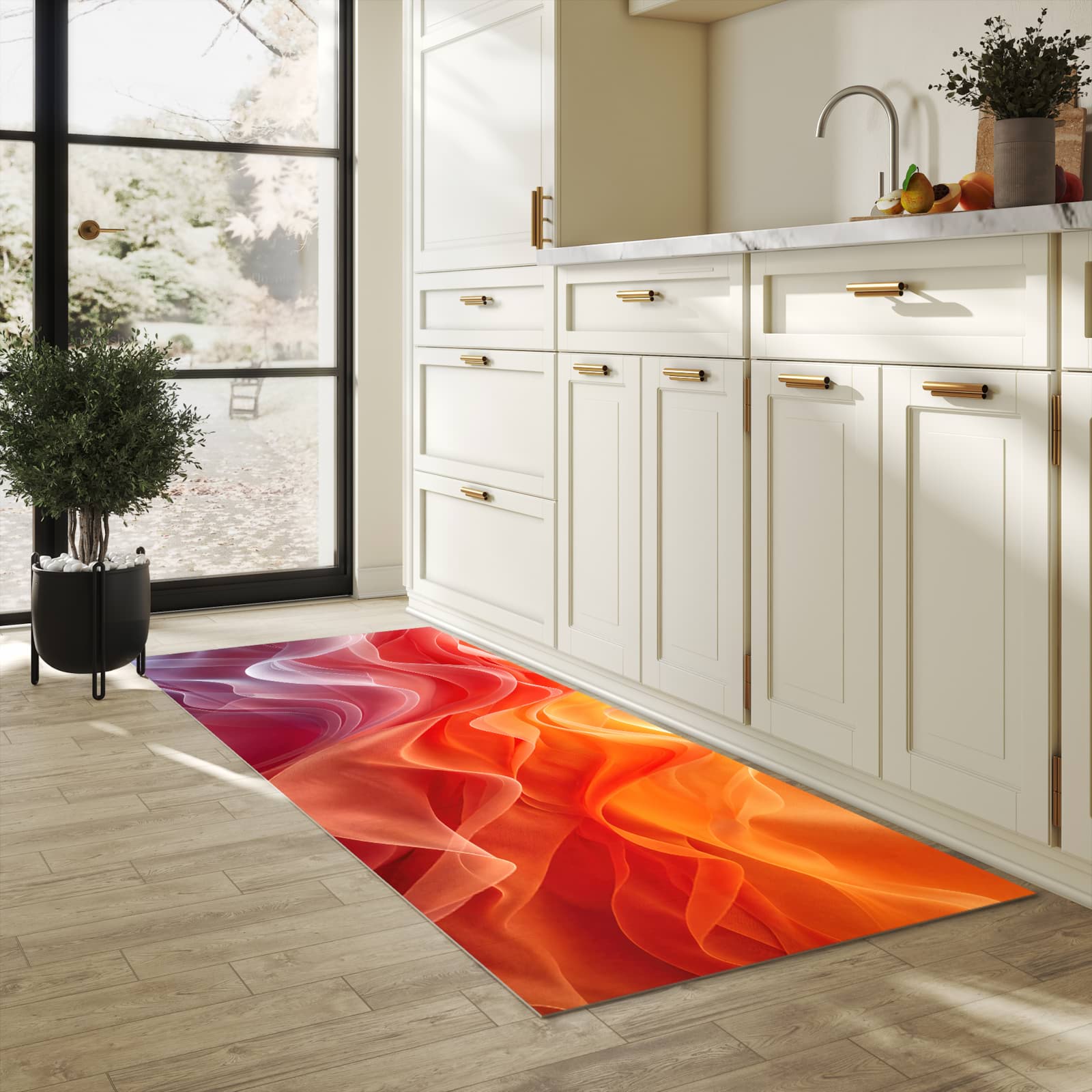 Formstabiler rutschfester Küchenteppich mit Motiv Sanfte Farbwirbel in heller Küche