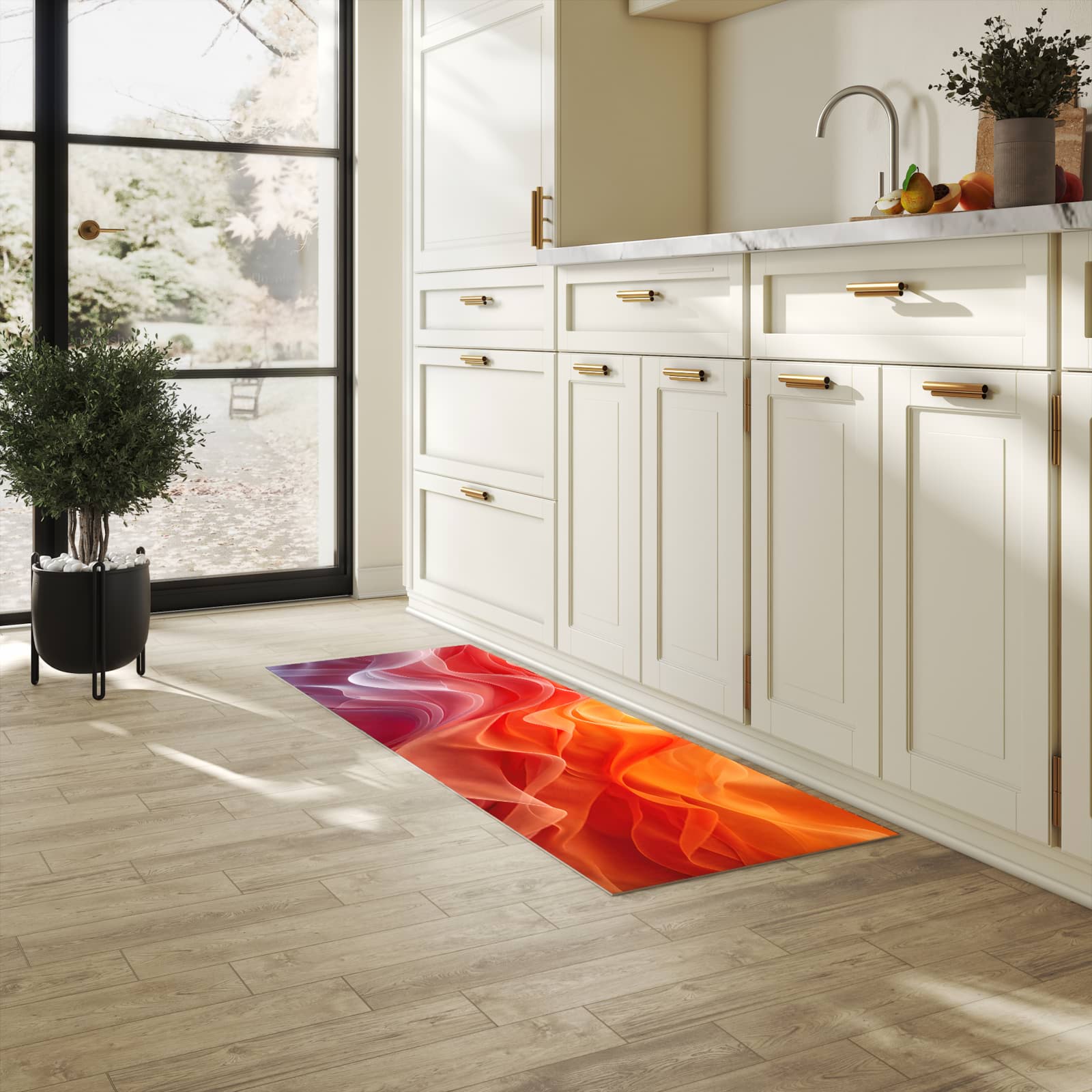 Hygienischer rutschfester Küchenteppich mit Motiv Sanfte Farbwirbel in heller Küche