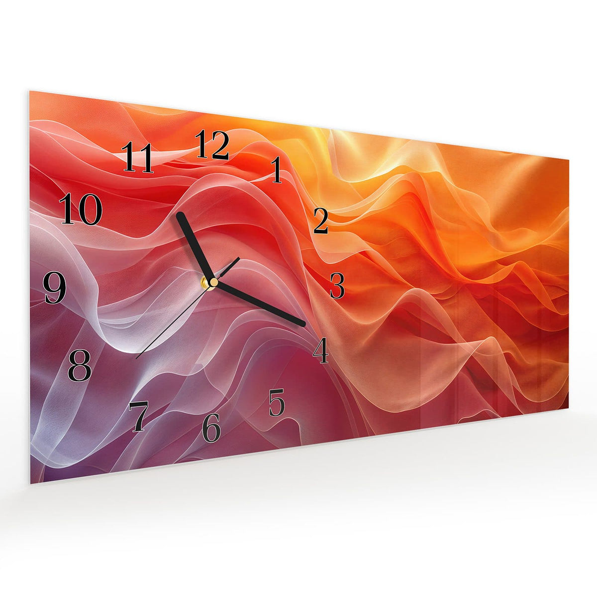 Vormontiert – mit Schwebeeffekt – Wanduhr Sanfte Farbwirbel aus Glas – Querformat 60 × 30 cm