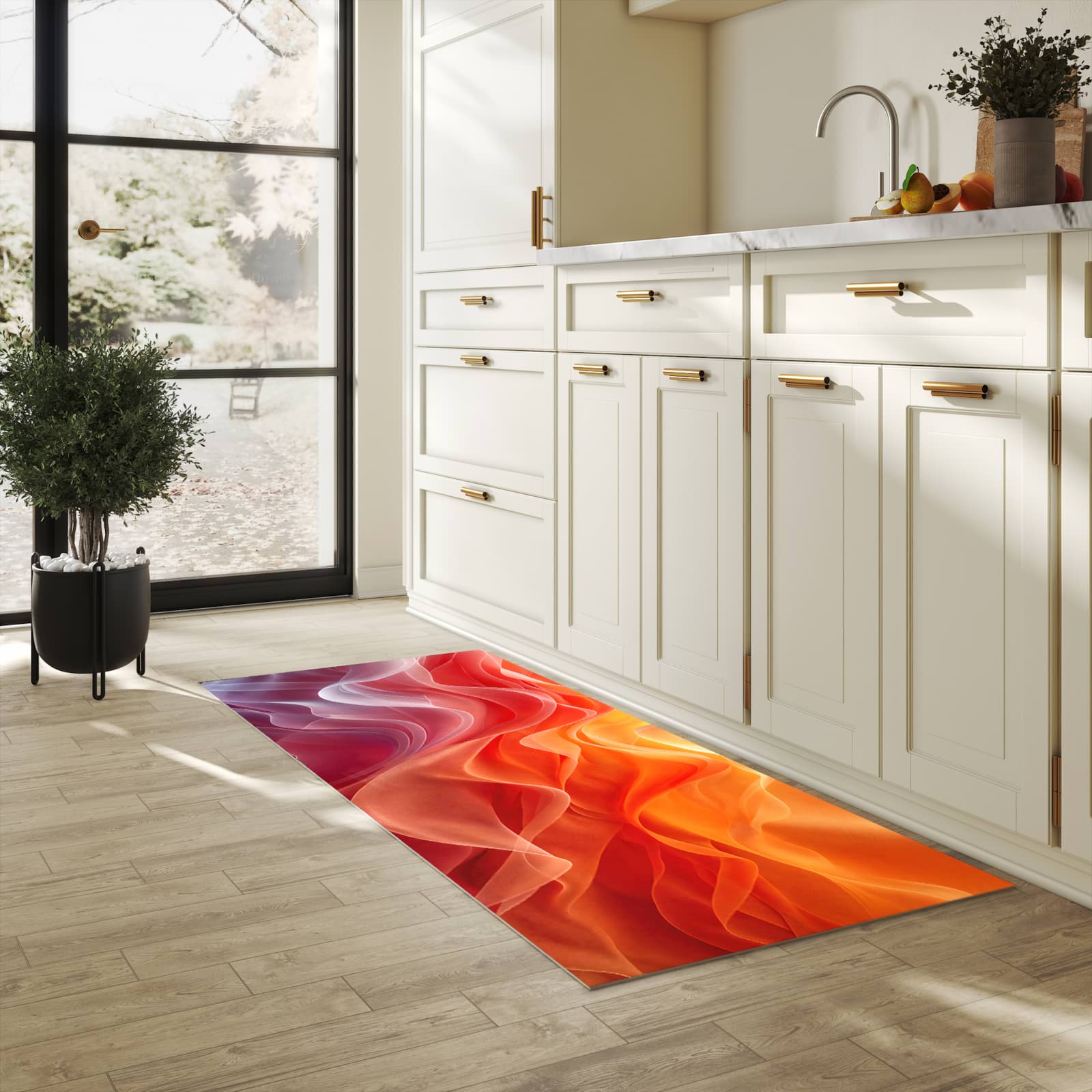 Feuchtigkeitsresistenter Bodenläufer mit Motiv Sanfte Farbwirbel in heller Küche