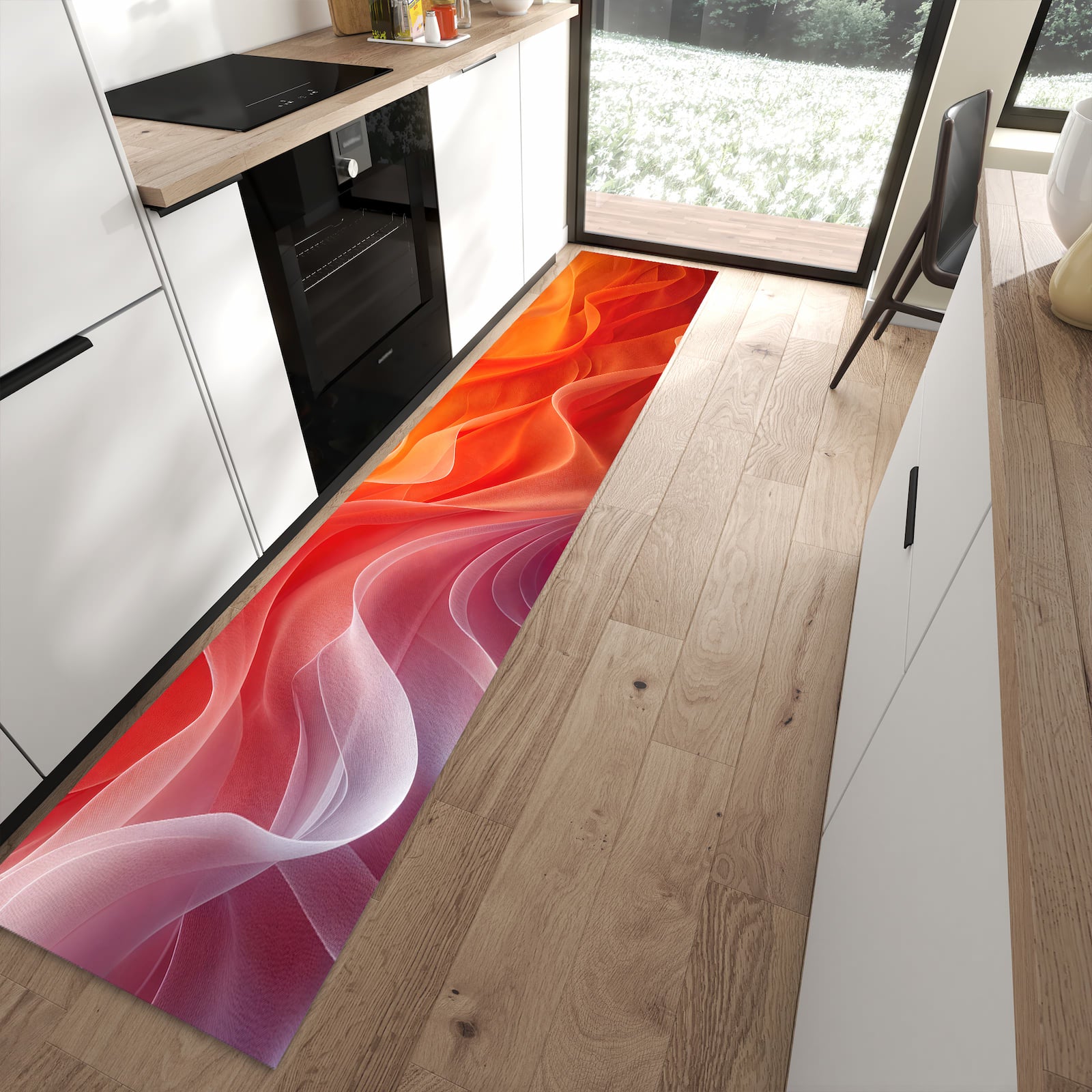 Langlebiger Küchenteppich mit Motiv Sanfte Farbwirbel in moderner Küche