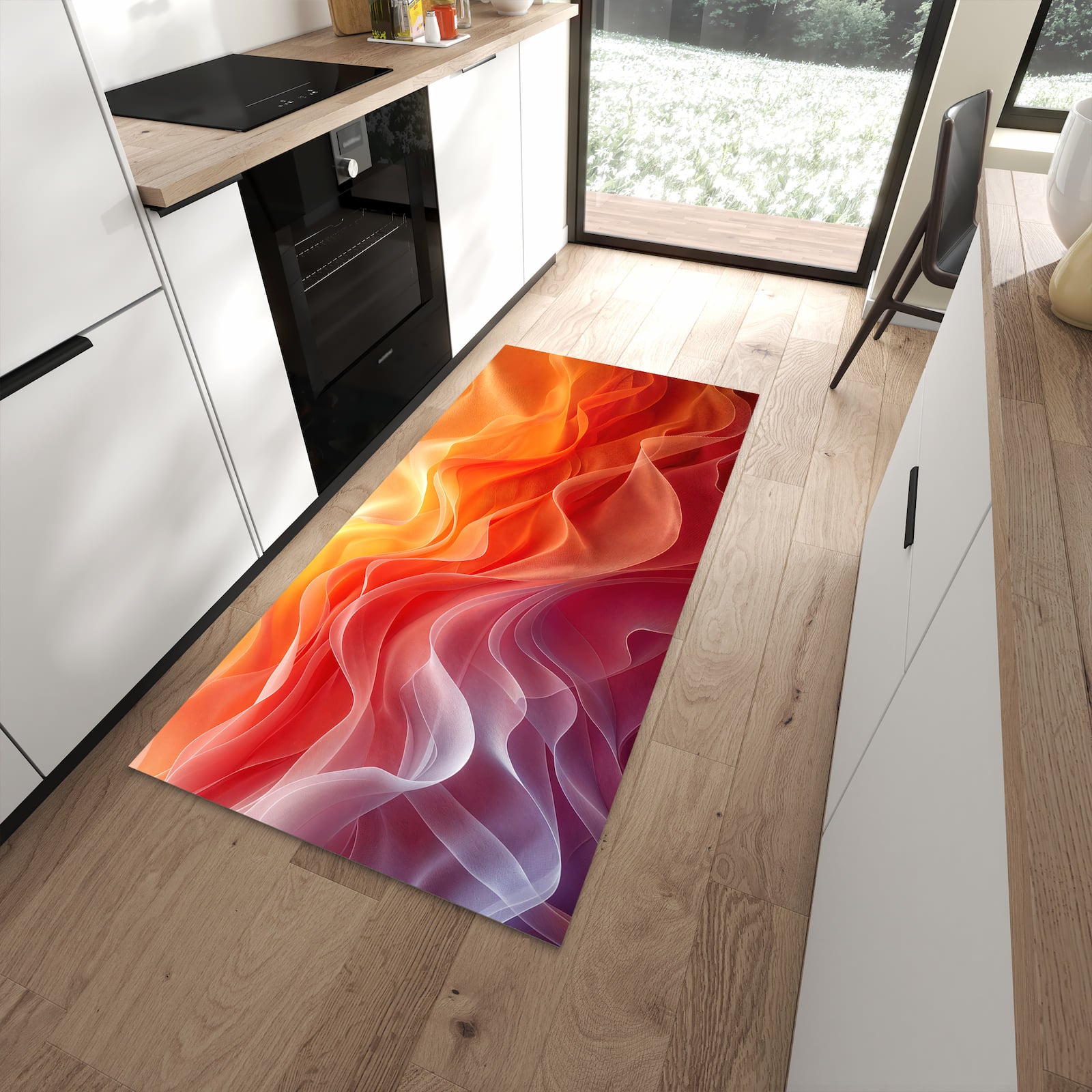 Küchenvorleger mit Motiv Sanfte Farbwirbel für angenehme Haptik in moderner Küche