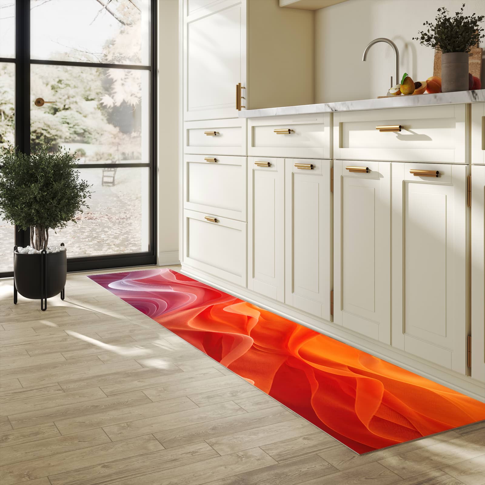 Langlebiger Teppich für Esstisch mit Motiv Sanfte Farbwirbel in heller Küche, waschbar