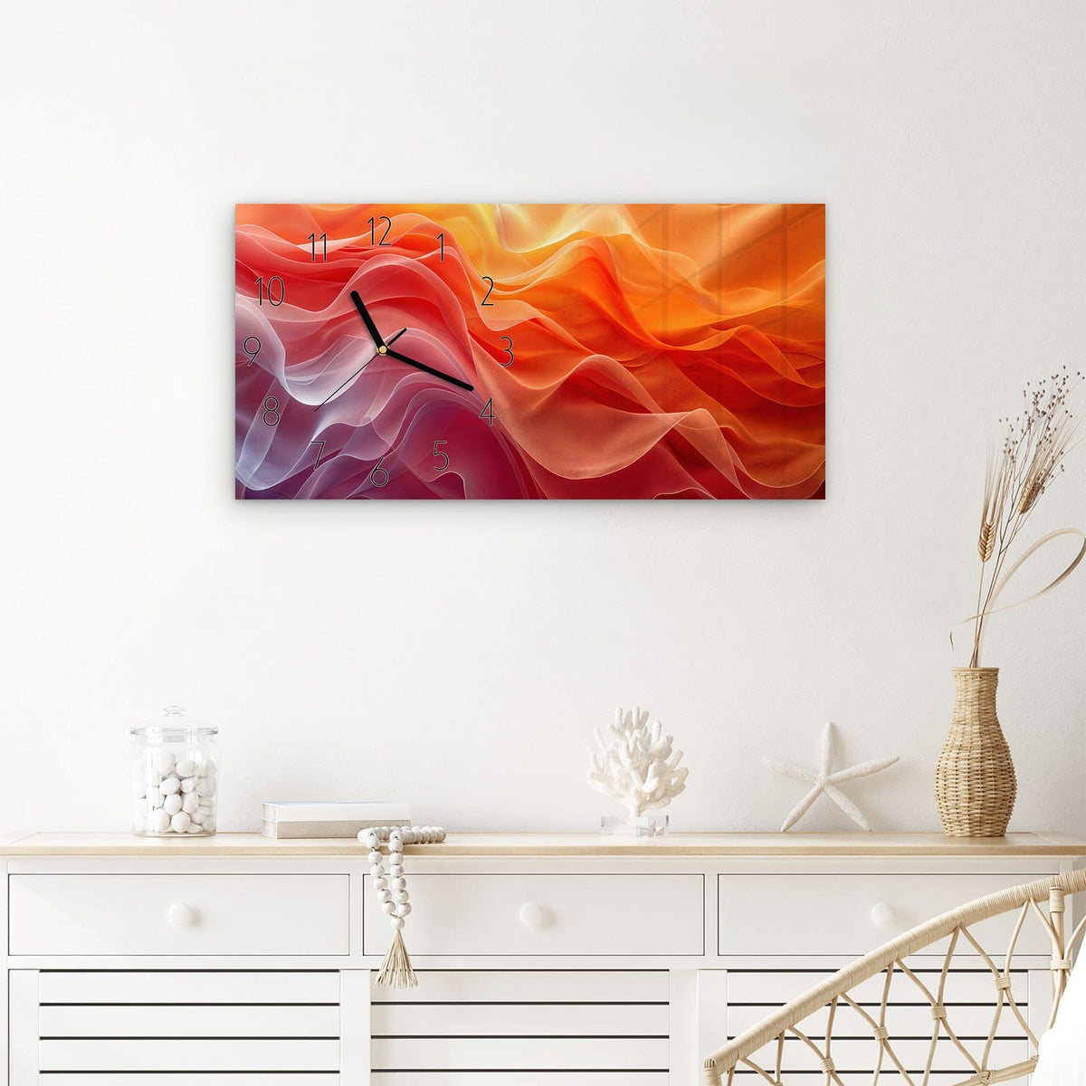 Wanduhr Sanfte Farbwirbel aus Glas – Querformat 60 × 30 cm – Wehende Formen in Orange und Lila
