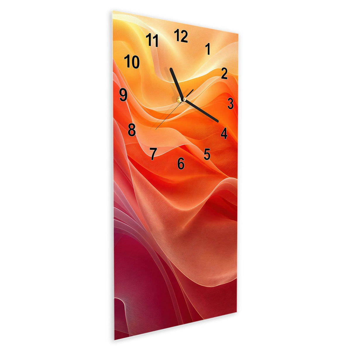 Wanduhr aus Glas im Hochformat Orange Seidenfalten schräg von der Seite, 4 mm starkes Glas