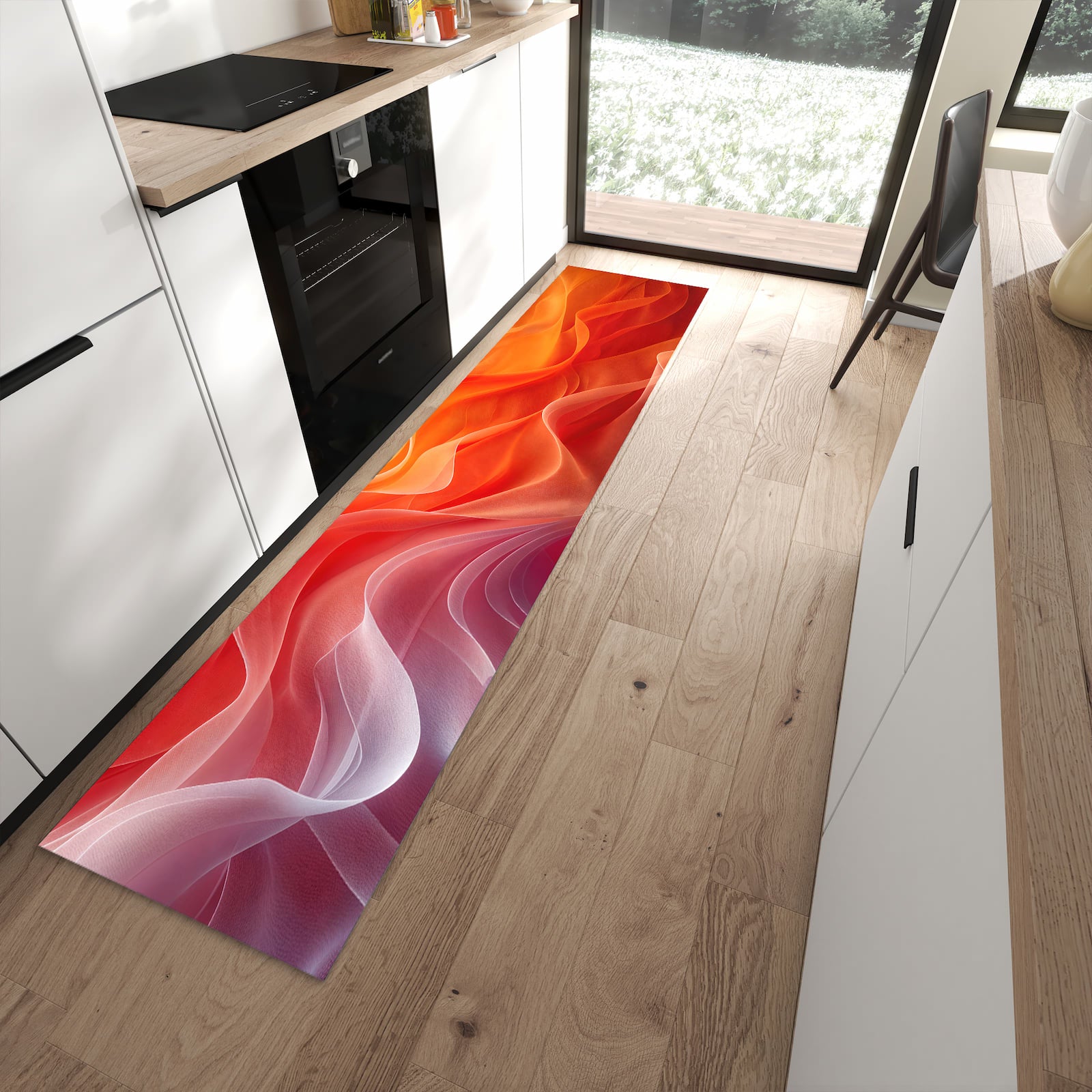 Geruchsneutraler Küchenteppich mit Motiv Sanfte Farbwirbel in moderner Küche