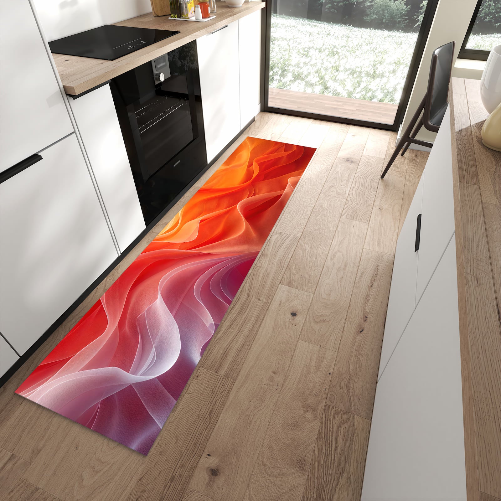 Schmutzabweisender Teppich für die Küche mit Motiv Sanfte Farbwirbel in moderner Küche