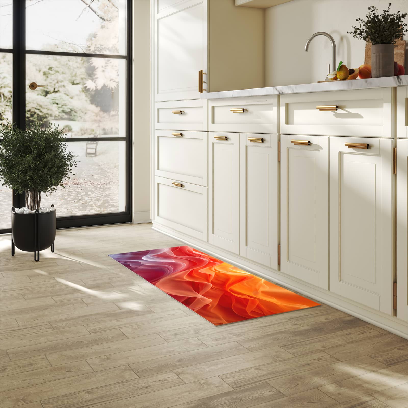 Dünner Küchenteppich mit Motiv Sanfte Farbwirbel in heller Küche für angenehme Haptik