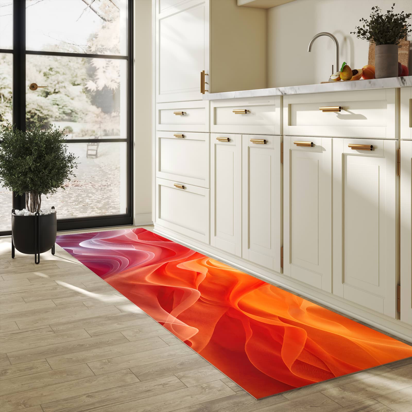Bodenschonender waschbarer Küchenteppich mit Motiv Sanfte Farbwirbel in heller Küche