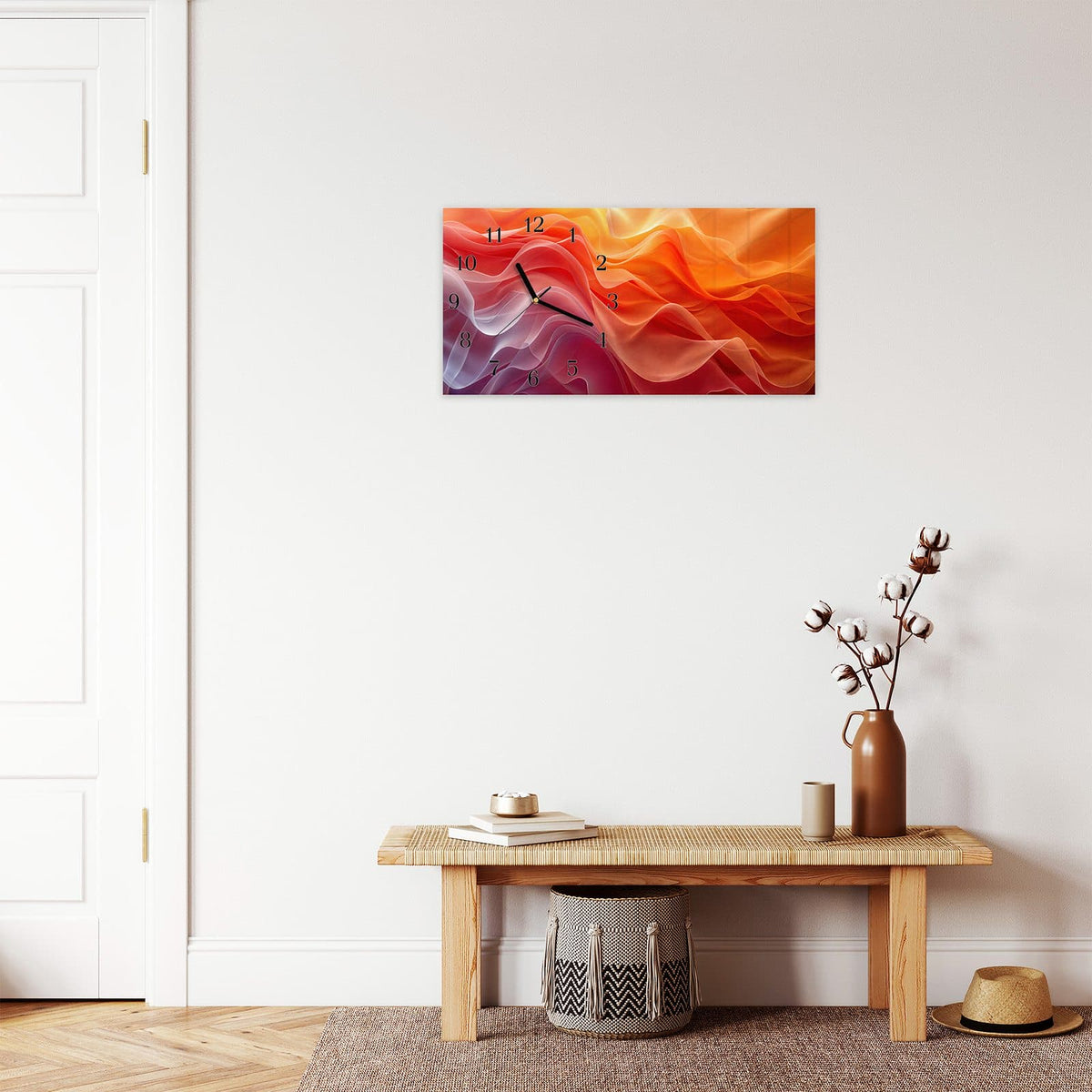 Moderne Wanduhr aus Glas mit Farbtiefe – Wanduhr Sanfte Farbwirbel aus Glas – Querformat 60 × 30 cm