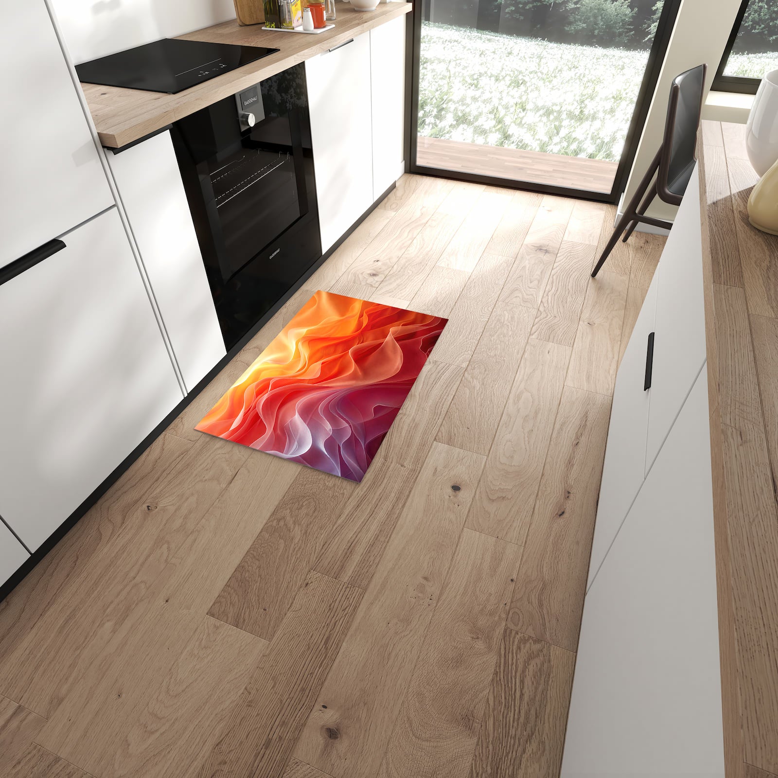 Flacher Küchenteppich mit Motiv Sanfte Farbwirbel in moderner Küche