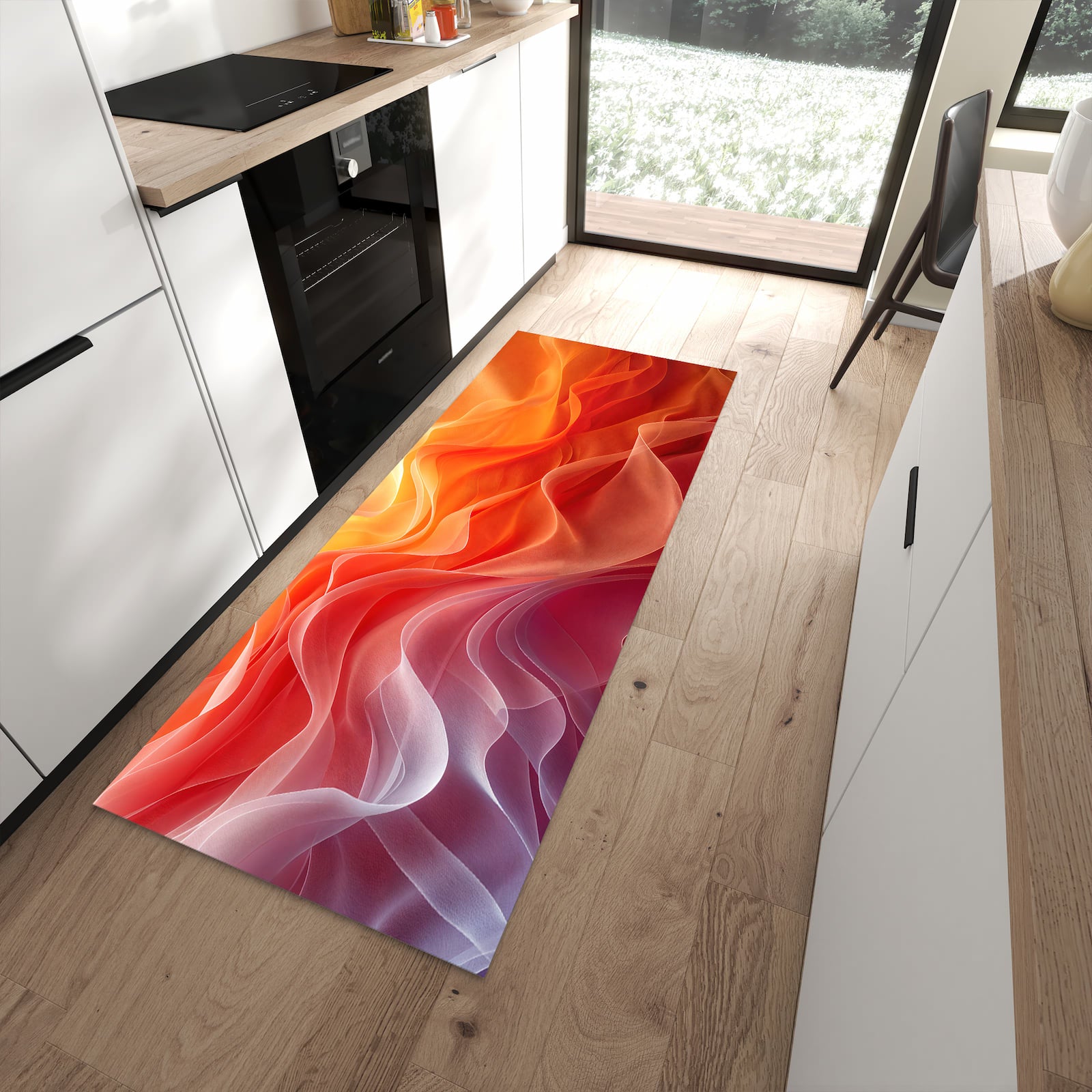Pflegeleichter Läufer für die Küche mit Motiv Sanfte Farbwirbel in moderner Küche