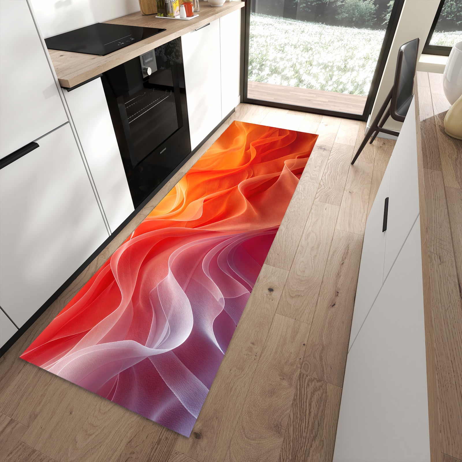 Komfortabler Küchenläufer mit Motiv Sanfte Farbwirbel in moderner Küche