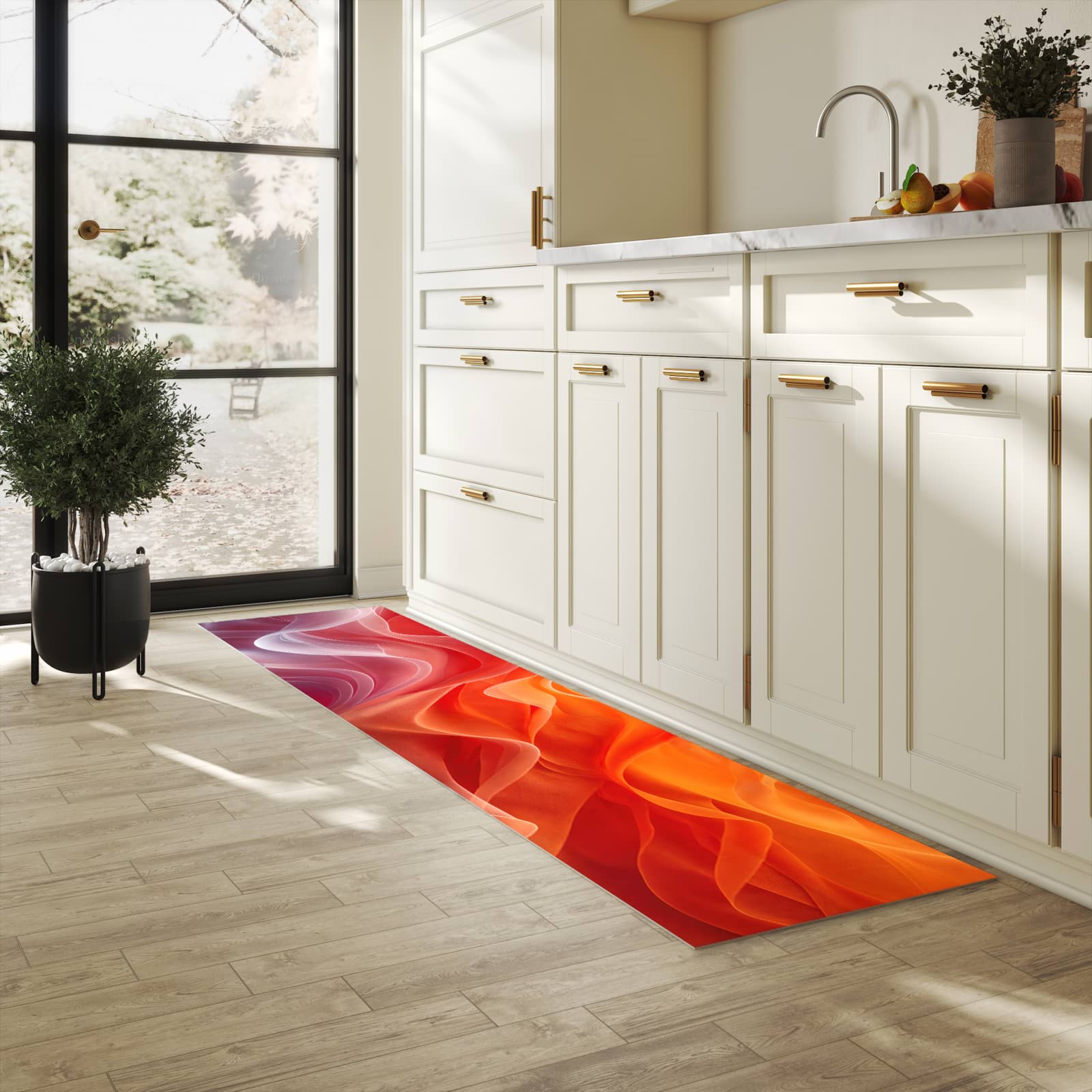 Waschbarer Teppich fürs Esszimmer mit Motiv Sanfte Farbwirbel in heller Küche