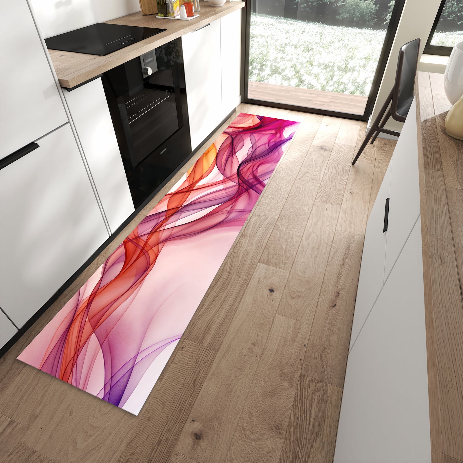 Waschbarer Küchenläufer mit Motiv Farbige Schleier für Ordnung in moderner Küche