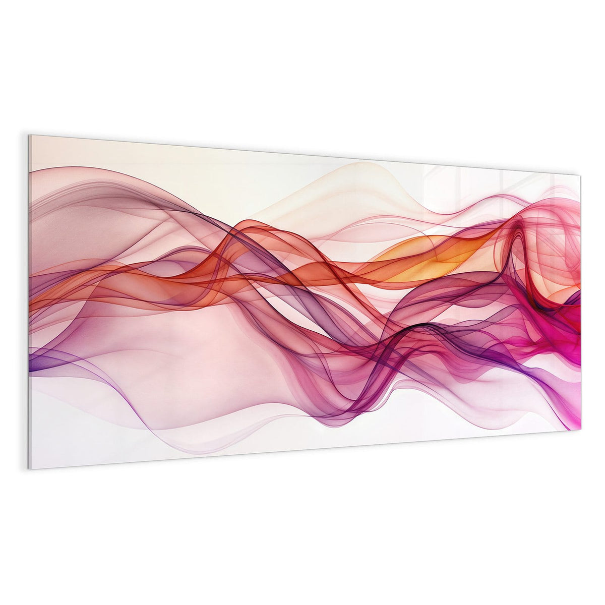 Durchscheinende, geschwungene Schleier in Magenta, Pink und Orange auf weißem Grund.