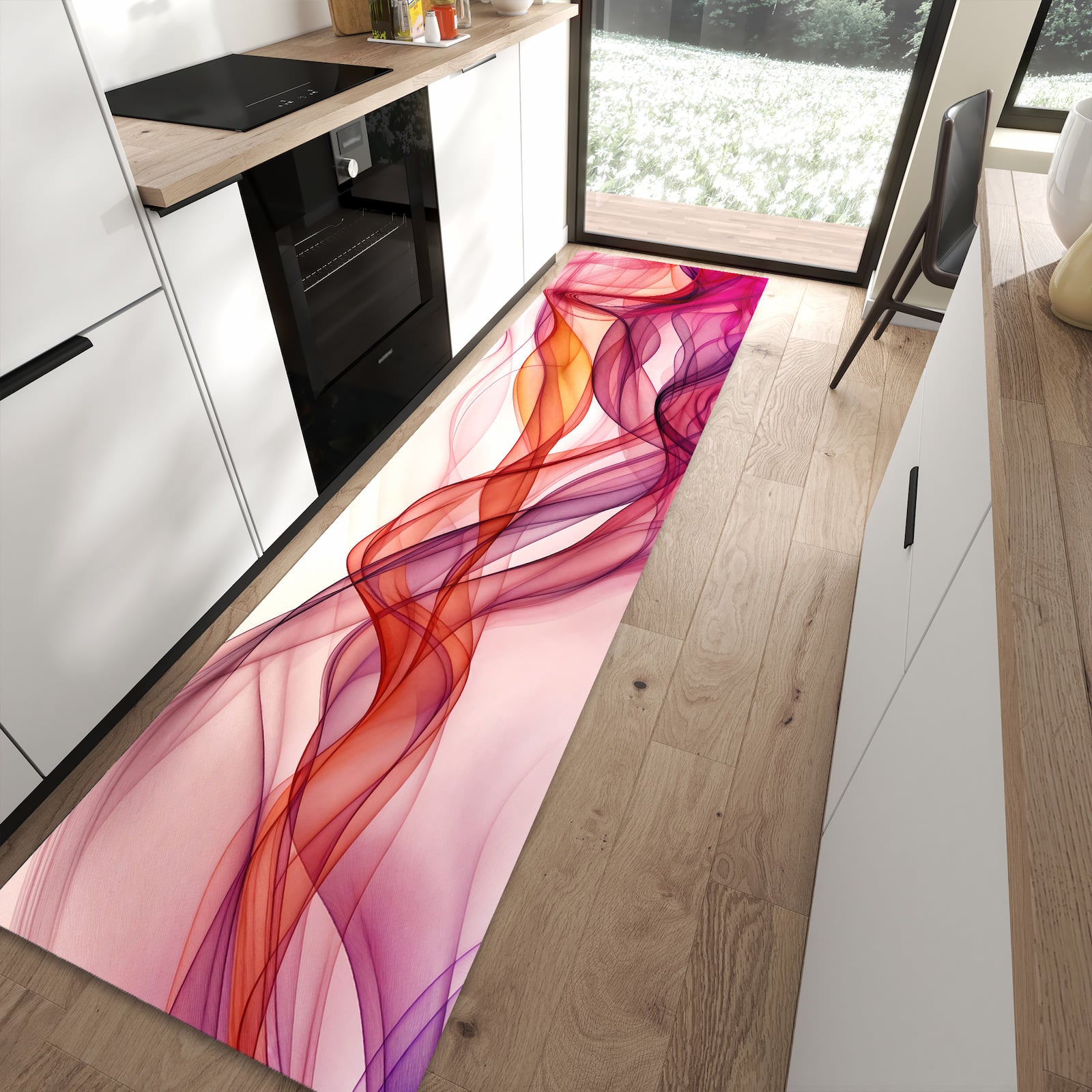 Geräuschdämpfender abwaschbarer Küchenläufer mit Motiv Farbige Schleier in moderner Küche
