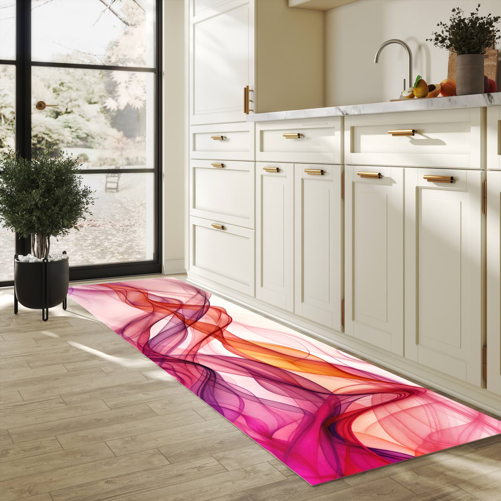 Pflegeleichter waschbarer Küchenläufer mit Motiv Farbige Schleier in heller Küche