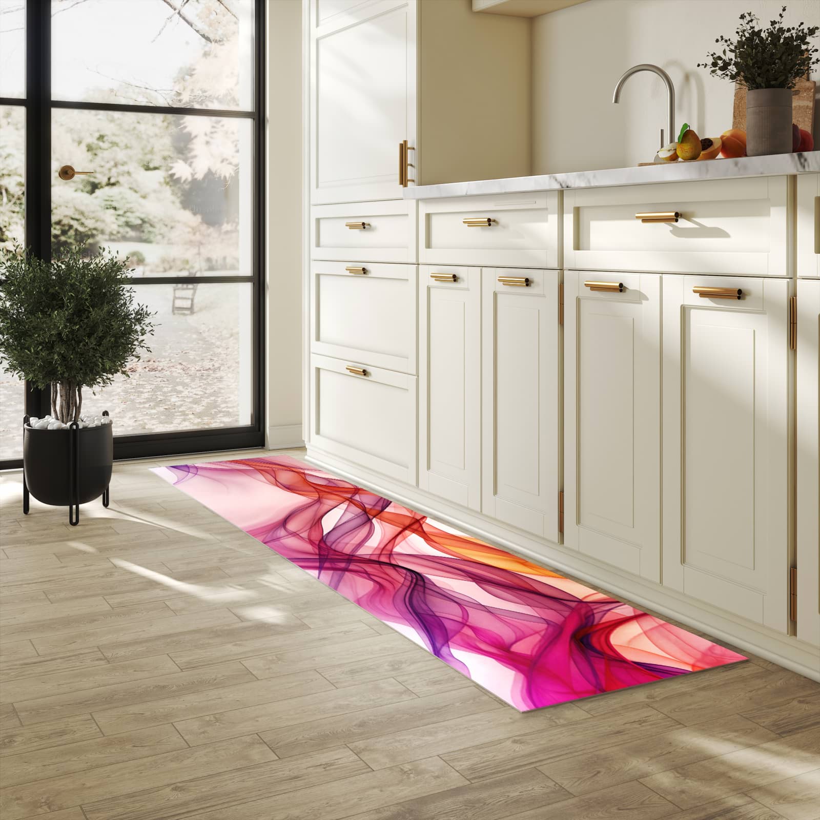 Wasserabweisender Küchenvorleger mit Motiv Farbige Schleier in heller Küche