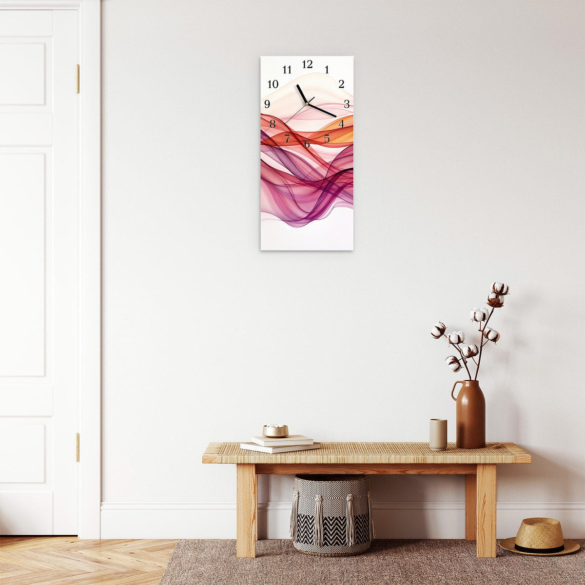 Moderne Wanduhr aus Glas mit Farbtiefe – Wanduhr Farbige Schleier aus Glas – Hochformat 30 × 60 cm