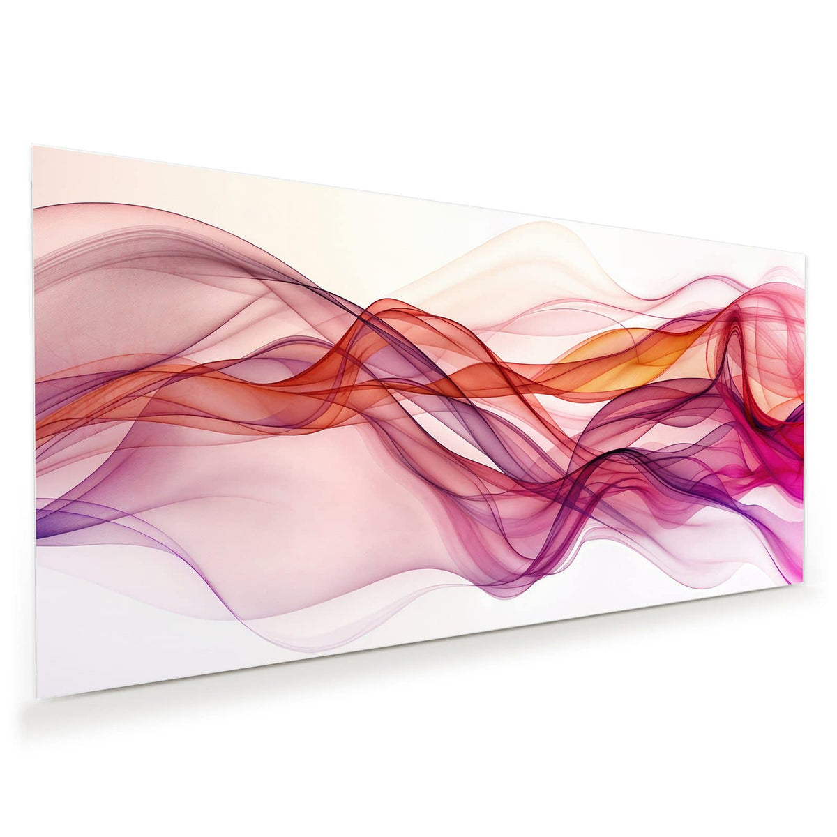 Durchscheinende, geschwungene Schleier in Magenta, Pink und Orange auf weißem Grund.