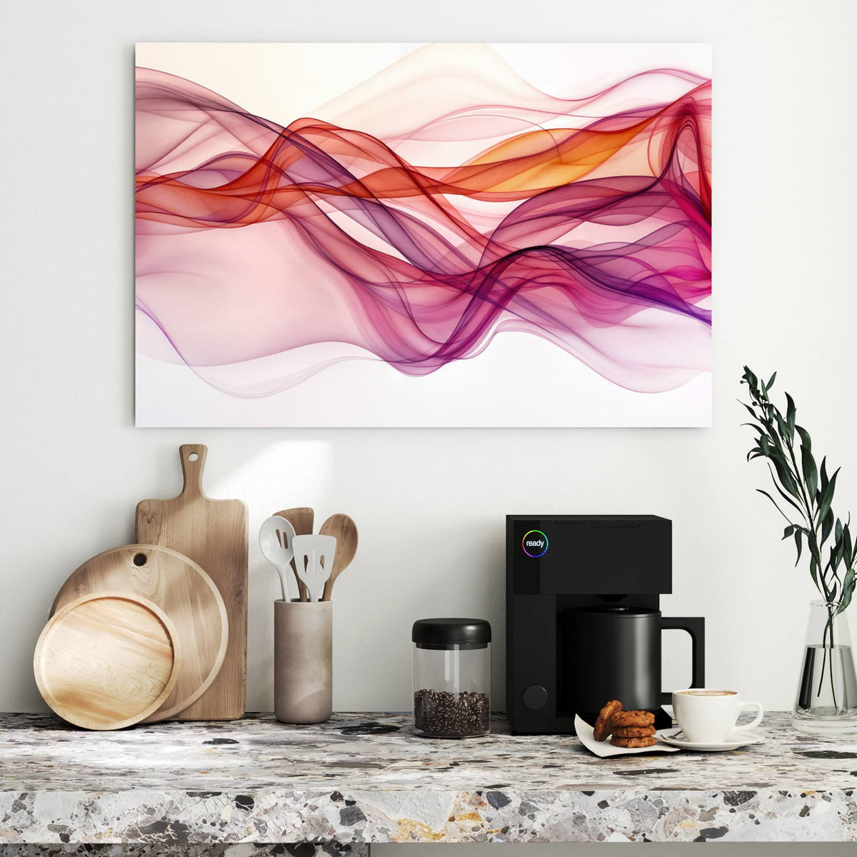 Durchscheinende, geschwungene Schleier in Magenta, Pink und Orange auf weißem Grund.