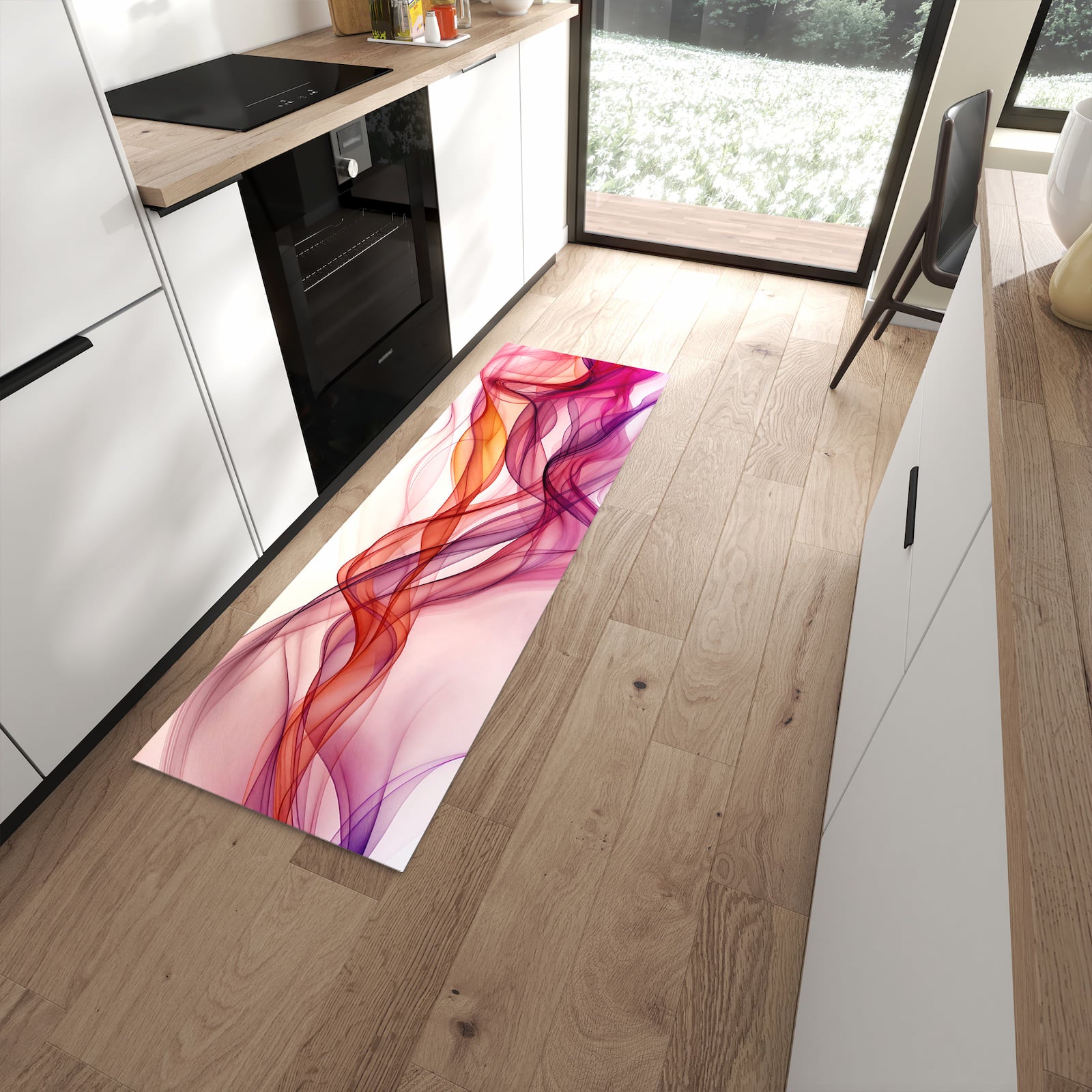 Feuchtigkeitsresistenter rutschfester Küchenläufer mit Motiv Farbige Schleier in moderner Küche