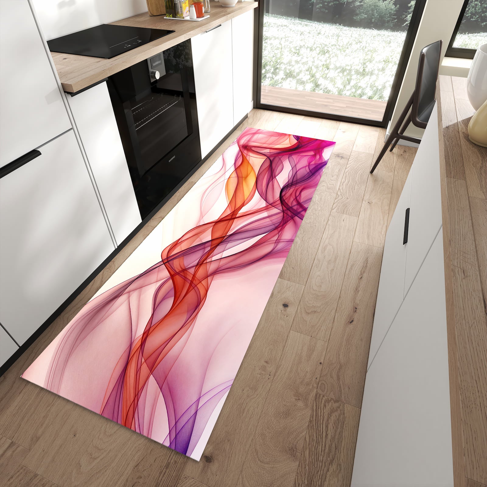 Waschbarer Küchenläufer mit Motiv Farbige Schleier in moderner Küche für sichere Aufbewahrung