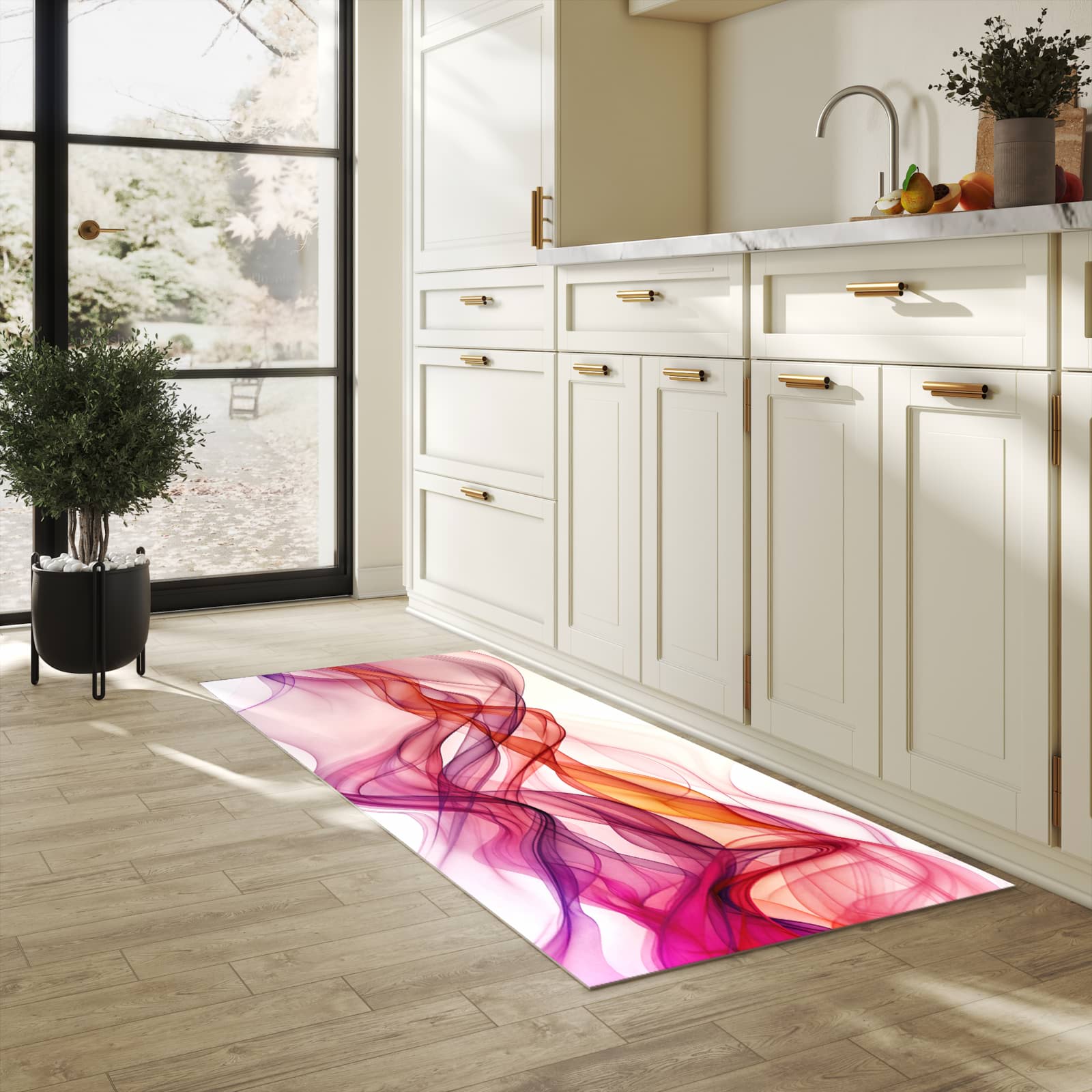 Geruchsneutraler Küchenläufer mit Motiv Farbige Schleier in heller Küche