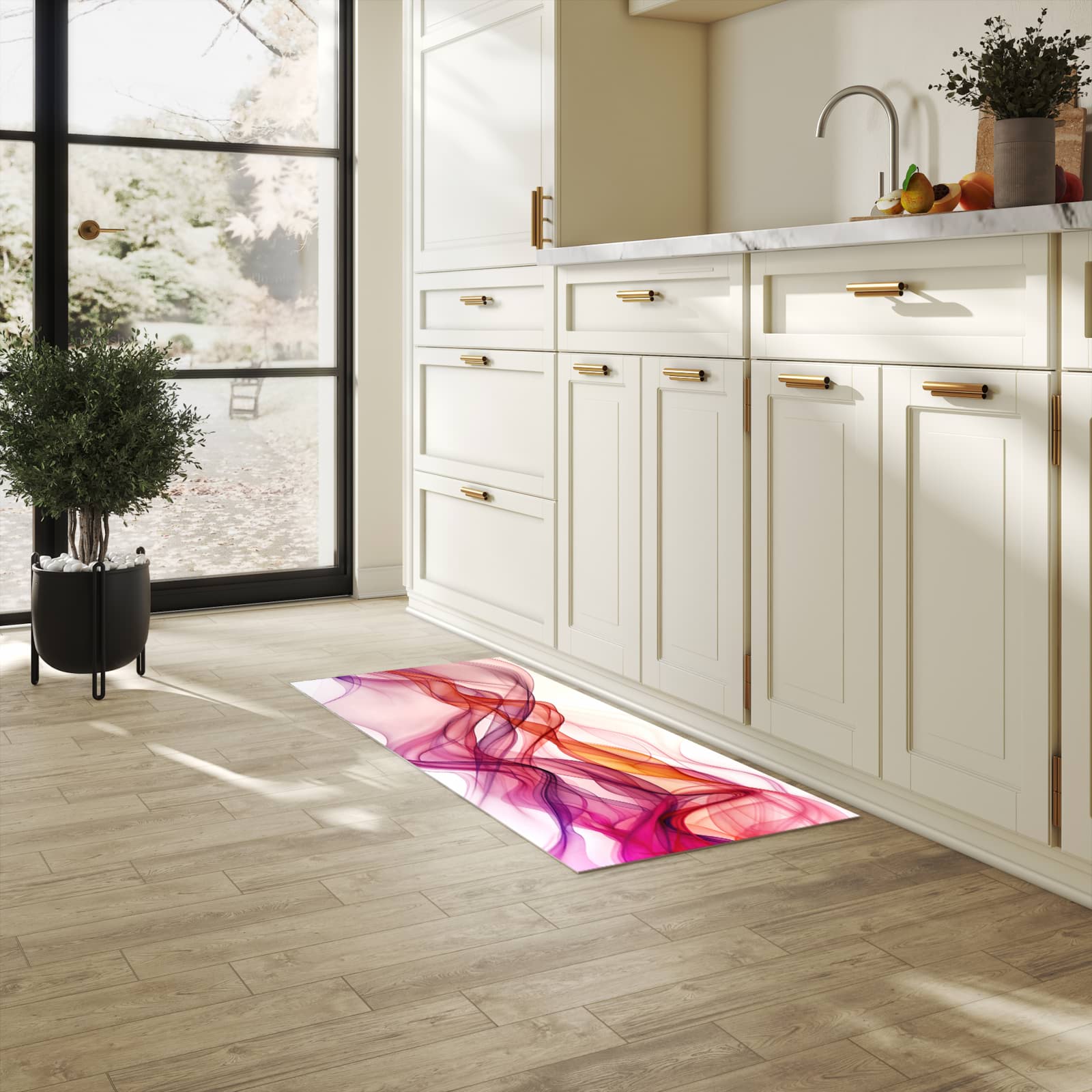 Abriebfester Läufer für die Küche mit Motiv Farbige Schleier in heller Küche