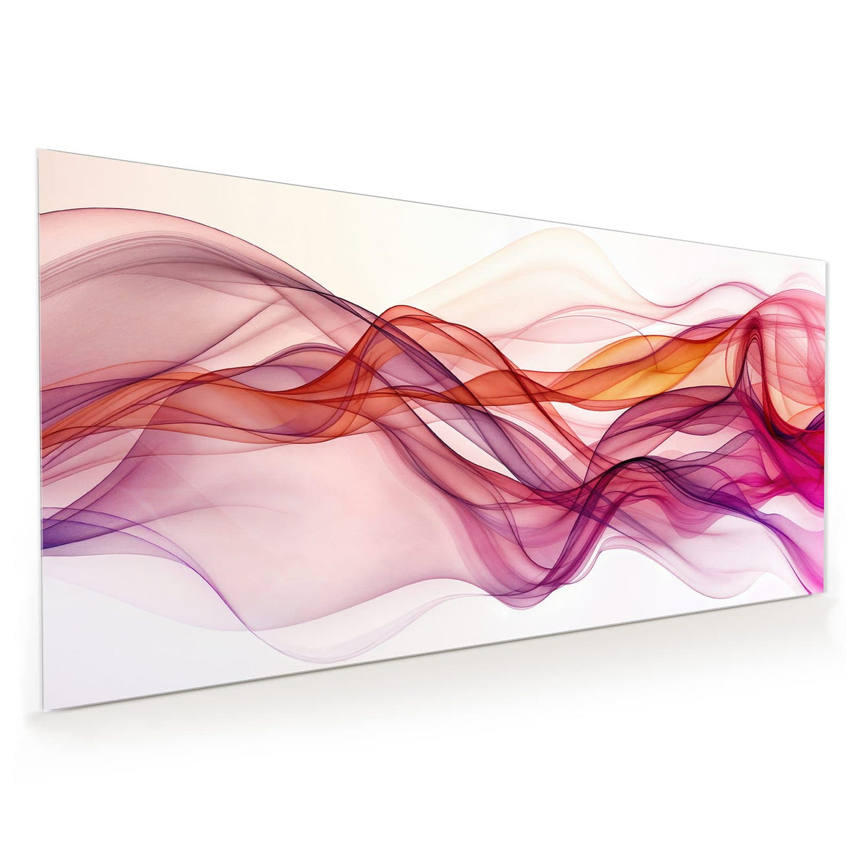 Küchenrückwand aus Glas im Hochformat: Durchscheinende, geschwungene Schleier in Magenta, Pink und Orange auf weißem Grund.
