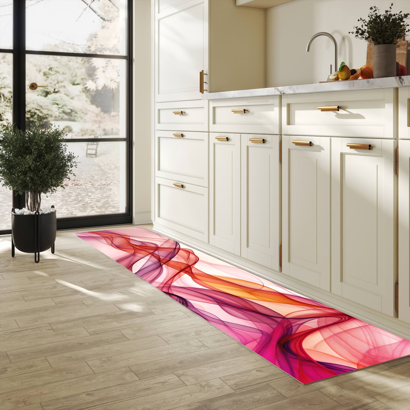 Fleckenresistenter waschbarer Teppich Küche mit Motiv Farbige Schleier in heller Küche