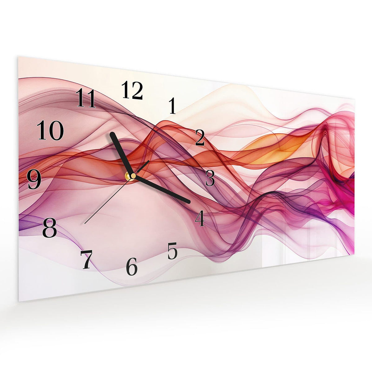 Vormontiert – mit Schwebeeffekt – Wanduhr Farbige Schleier aus Glas – Querformat 60 × 30 cm