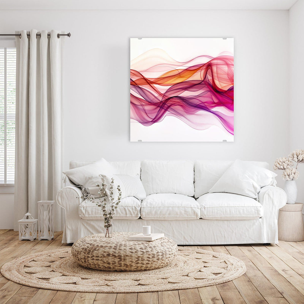 Glasbild Magenta Schleier an der Wand – Durchscheinende, geschwungene Schleier in Magenta, Pink und Orange auf weißem Grund.