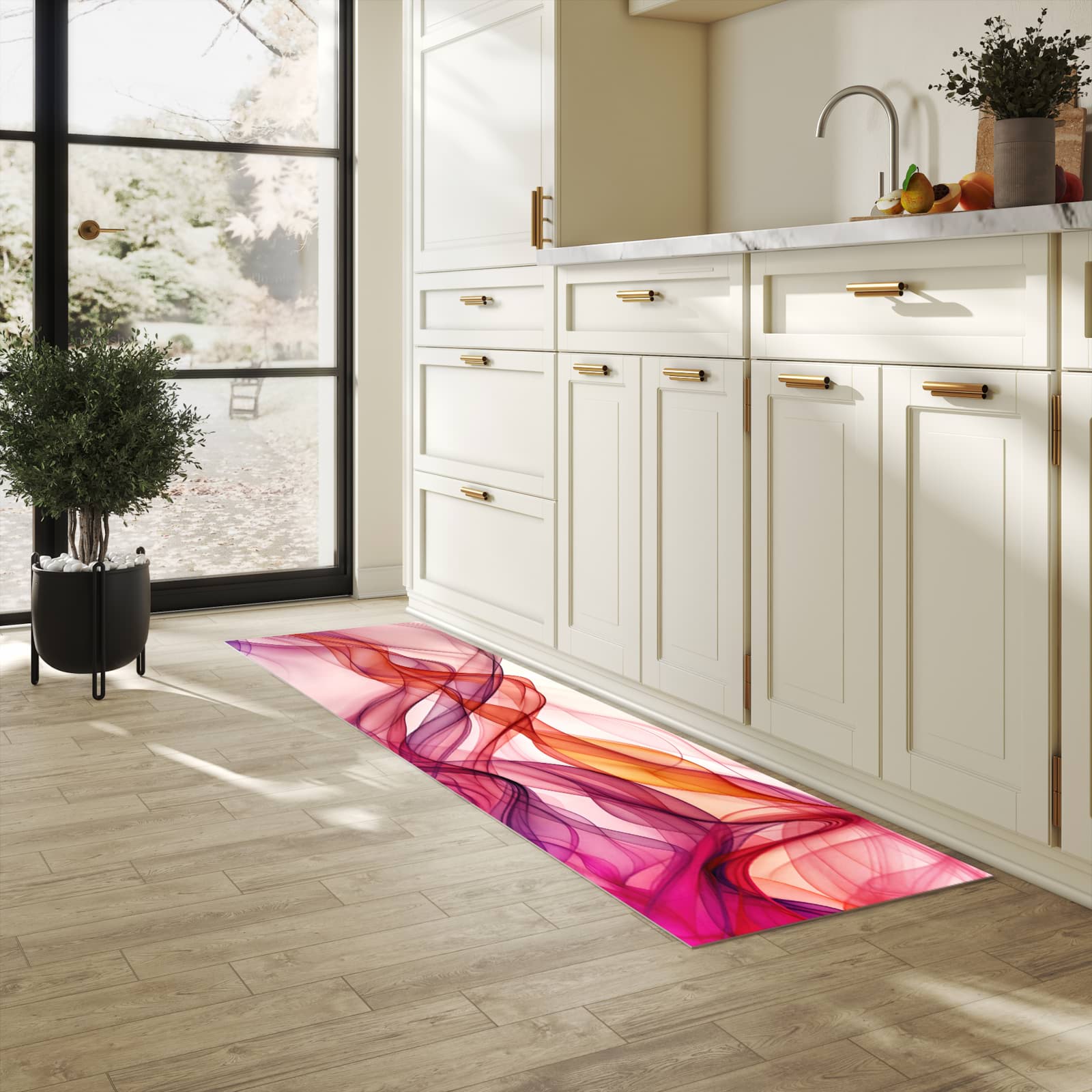 Küchenteppich mit Motiv Farbige Schleier für Trittkomfort in heller Küche