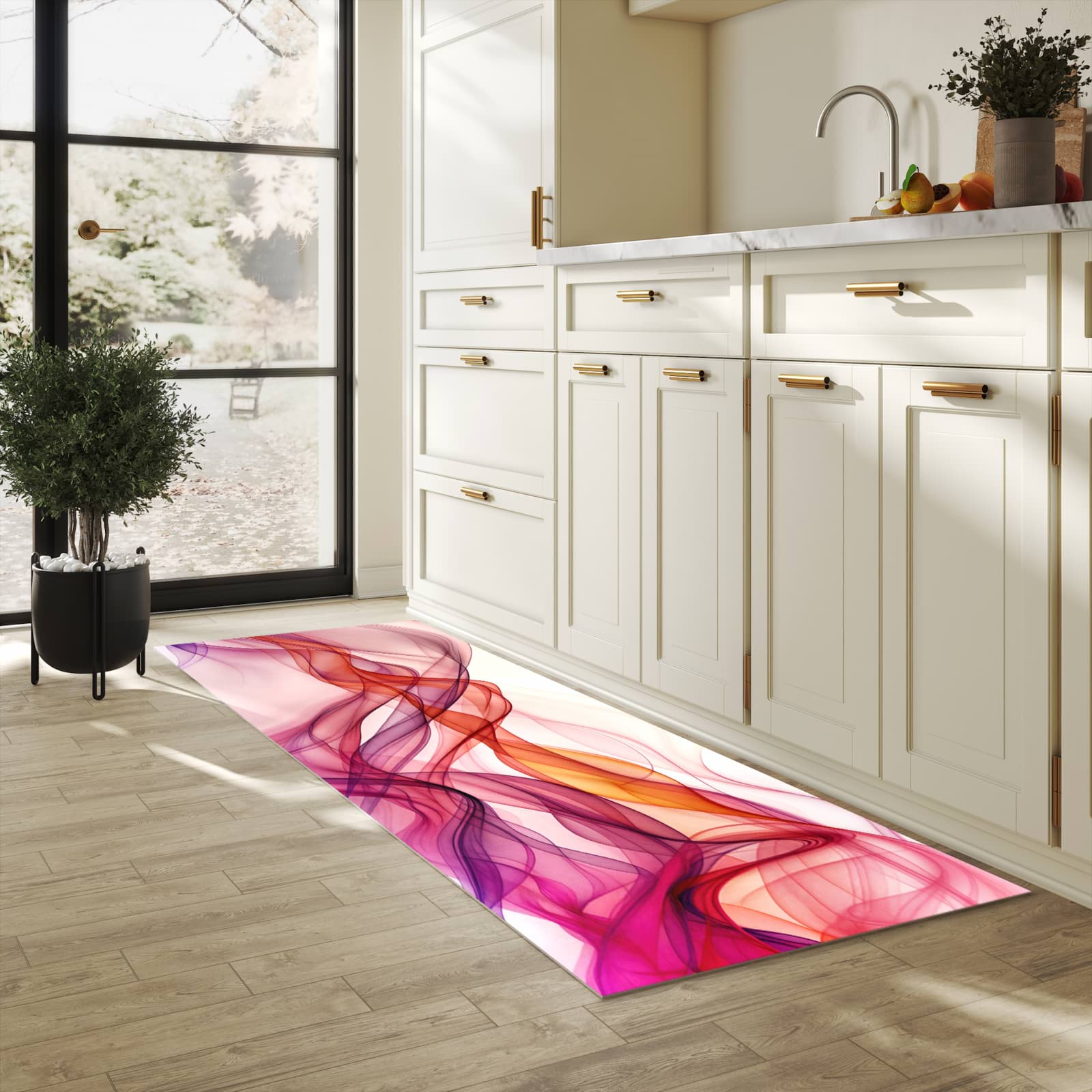 Langlebiger Teppichläufer mit Motiv Farbige Schleier in heller Küche