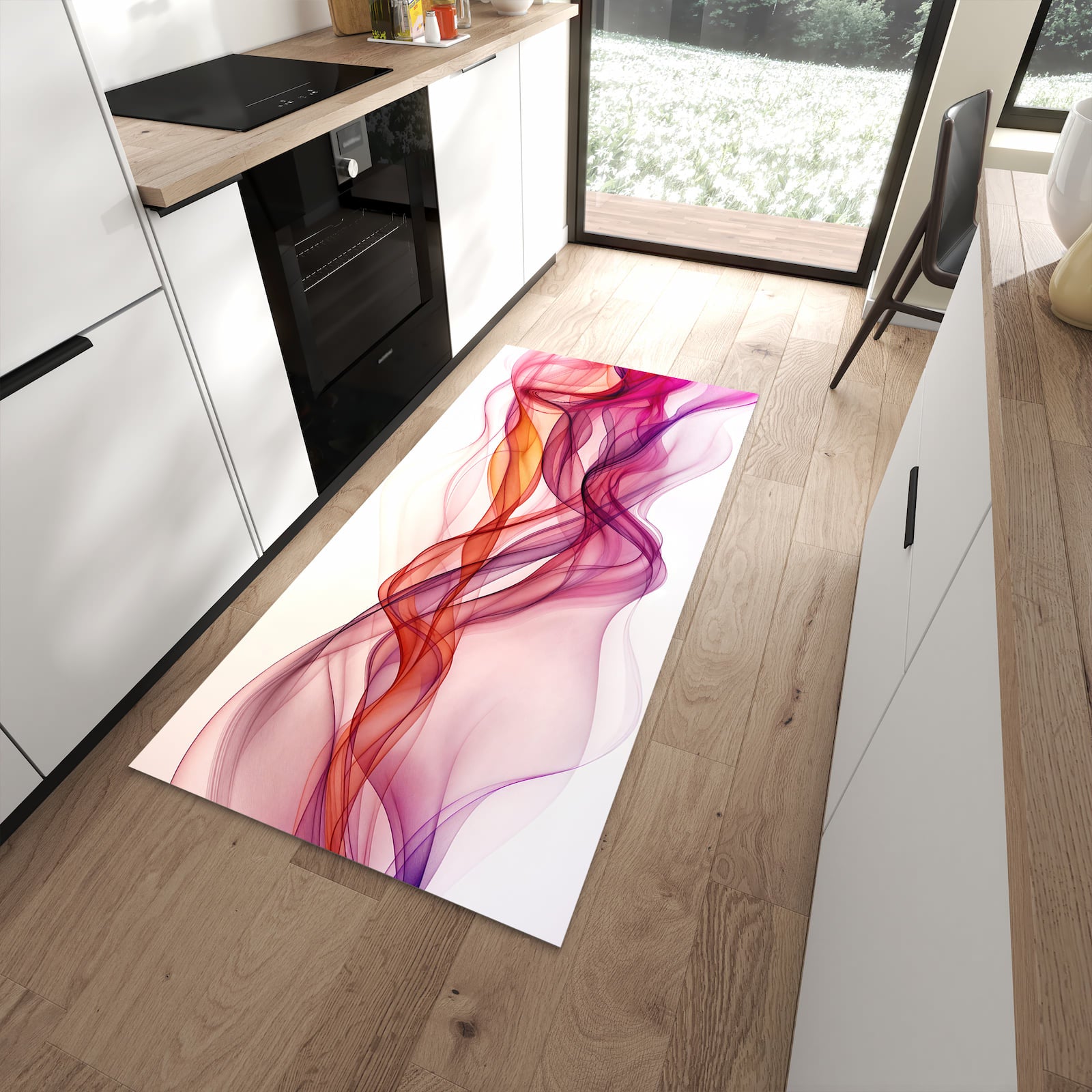 Abriebfester Küchenteppich mit Motiv Farbige Schleier in moderner Küche