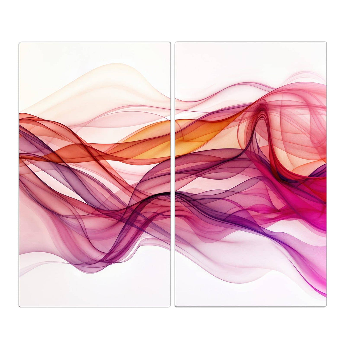 Durchscheinende, geschwungene Schleier in Magenta, Pink und Orange auf weißem Grund.