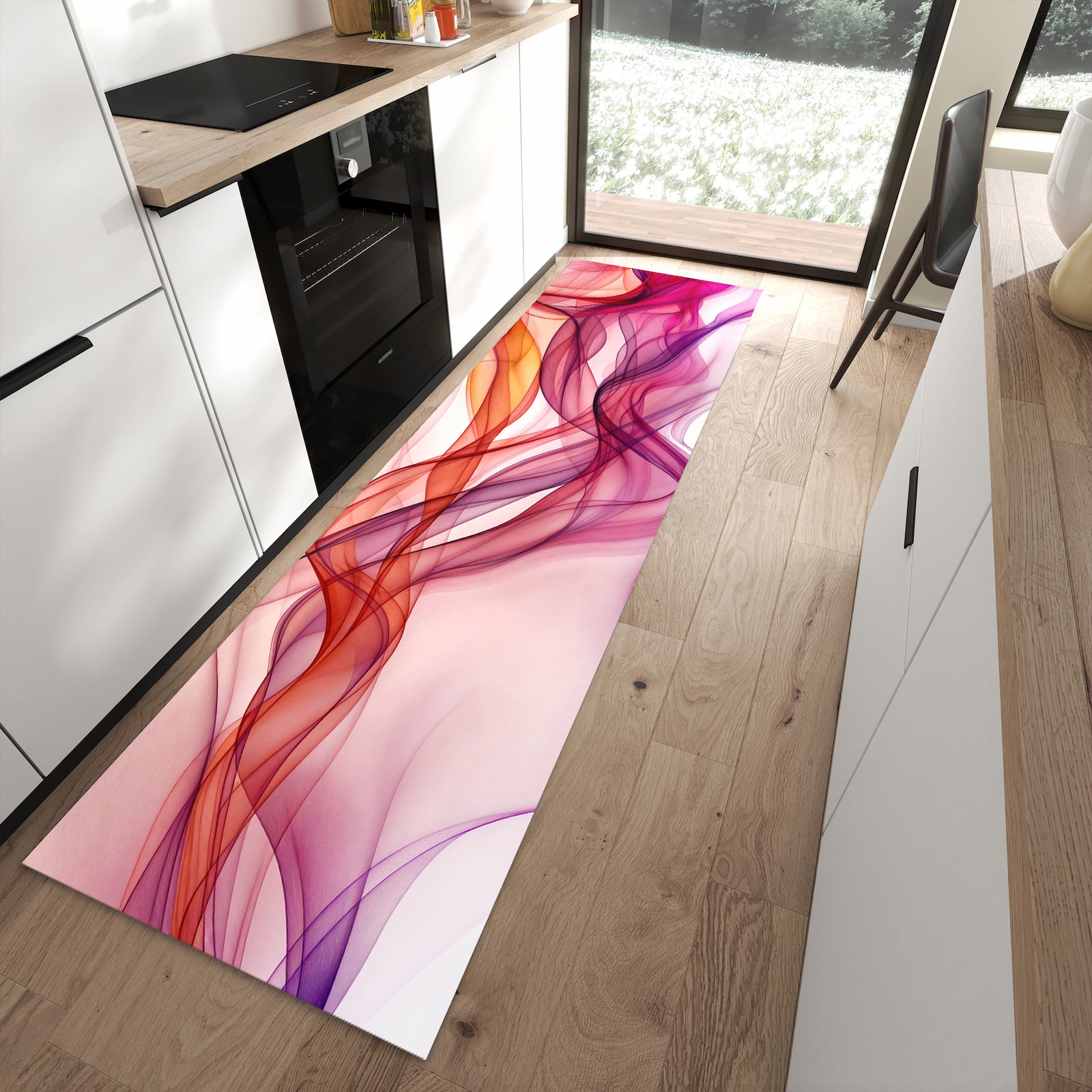 Zeitsparender moderner Küchenläufer mit Motiv Farbige Schleier in moderner Küche